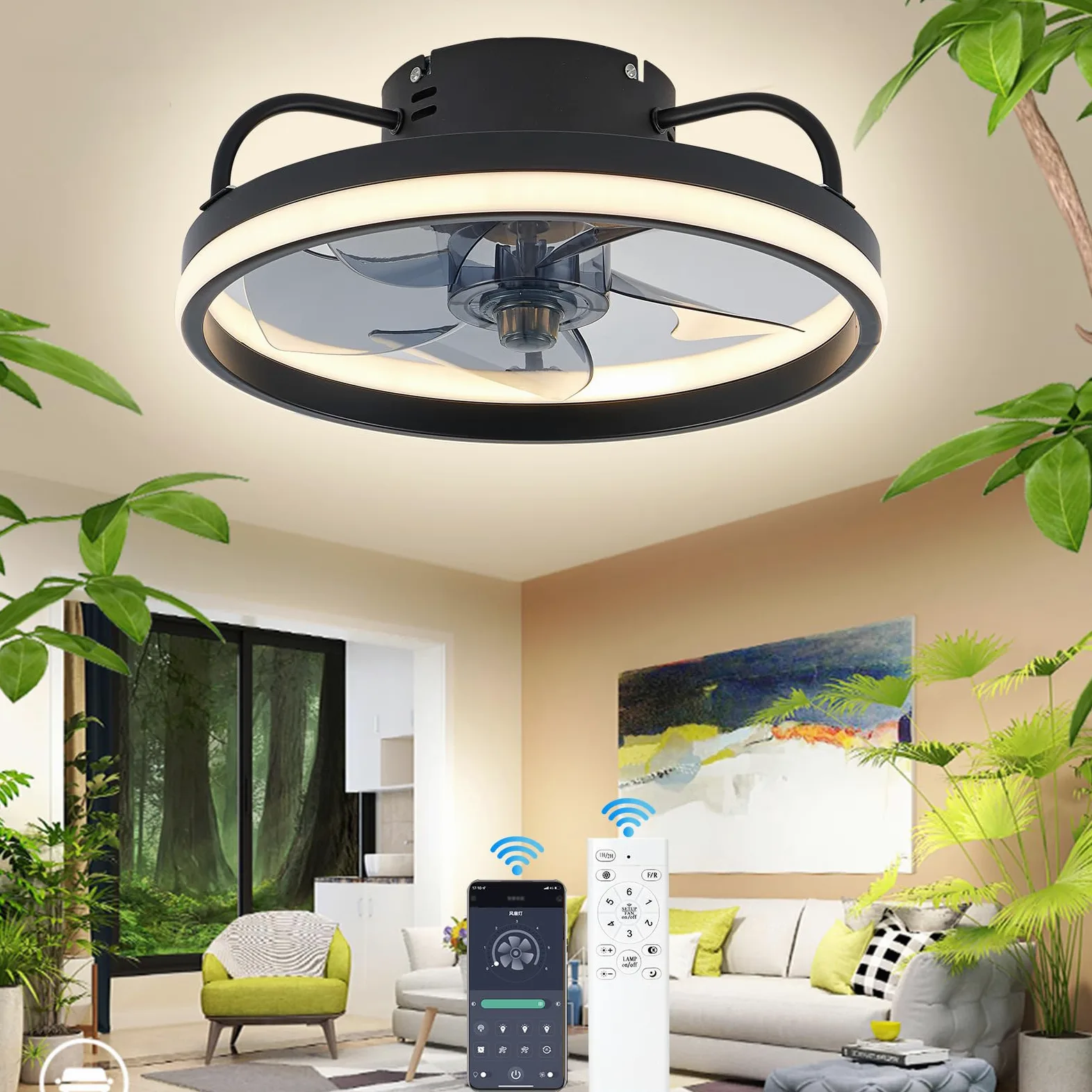 Eznaobo Ventilatori da soffitto 33/50 cm con illuminazione e telecomando, 6 velocità, regolatore di intensità, applicazione intelligente, illuminazione silenziosa e moderna per soggiorno, camera