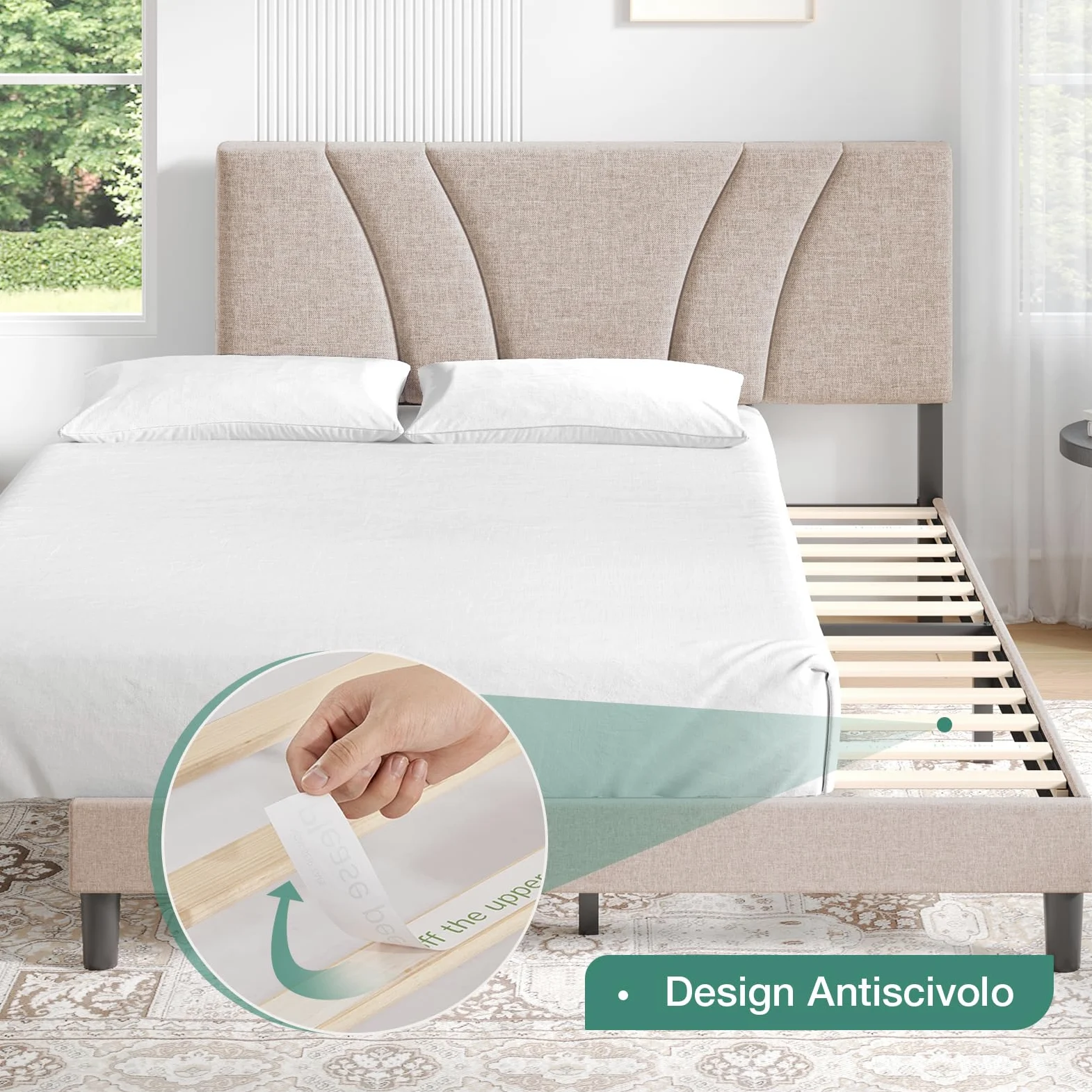 Novilla Telaio del Letto Matrimoniale 180x200 Rete Letto a Piattaforma Imbottito con Testiera Imbottita e Schienale, Supporto per Doghe in Legno, Facile da Montare, Beige