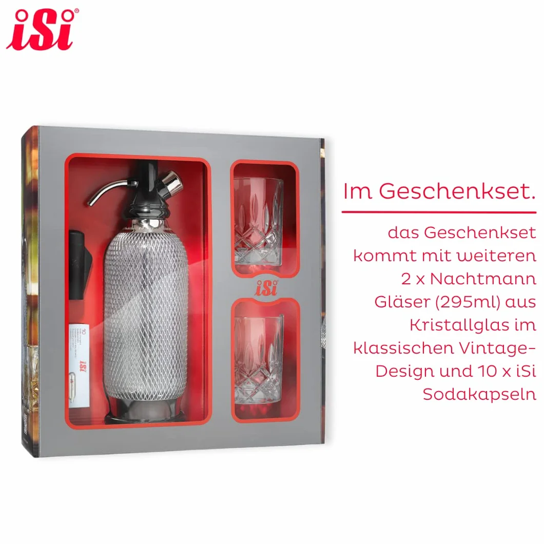 iSi Soda Maker Classic - Set regalo con 2 bicchieri e 10 capsule di soda, sifone di soda 1 l, in acciaio inox, accessori per bar per acqua frizzante