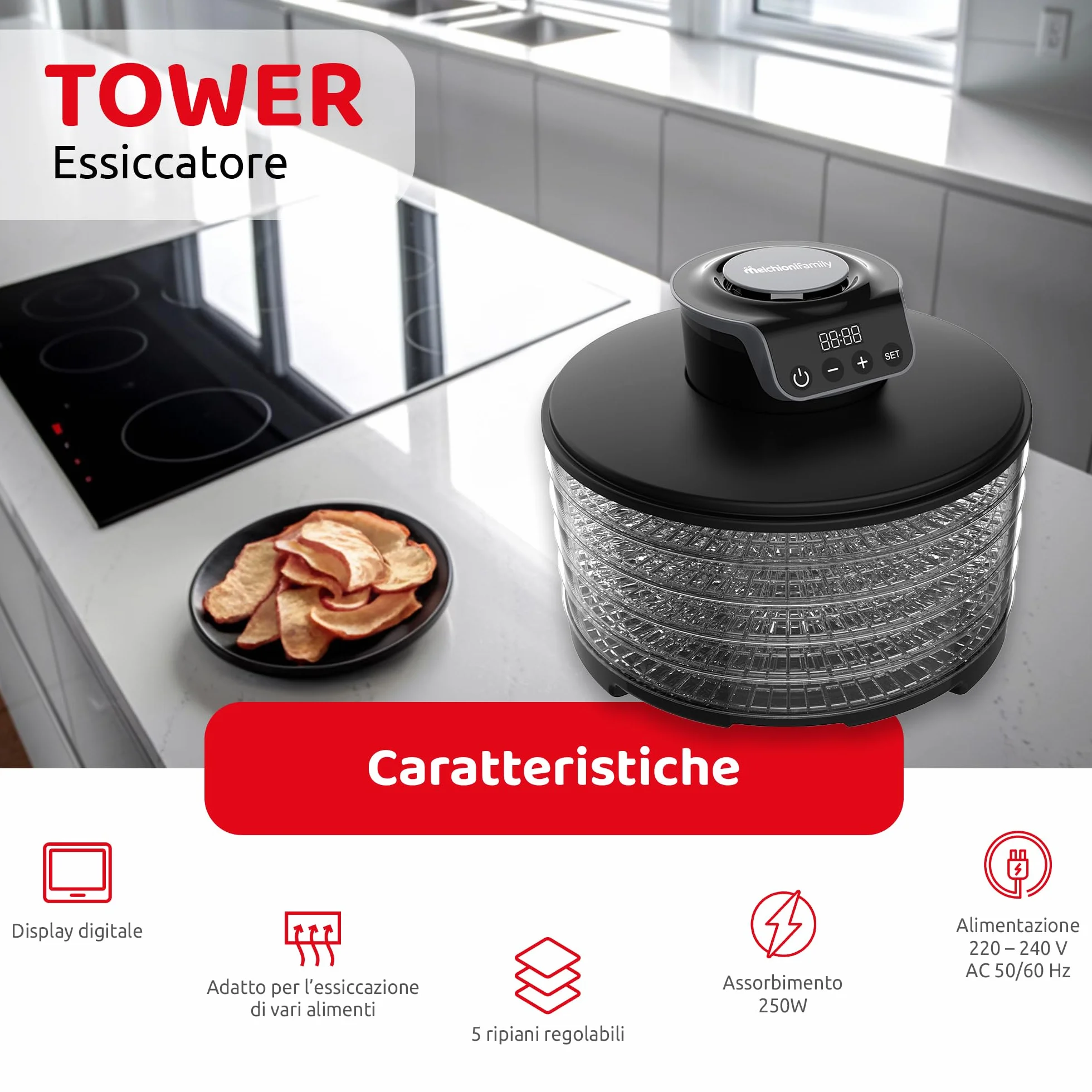Melchioni Family | Essiccatore digitale TOWER, 5 ripiani regolabili, essiccazione di frutta, verdura, funghi 250W Alimentazione: 220-240V ~ 50/60Hz
