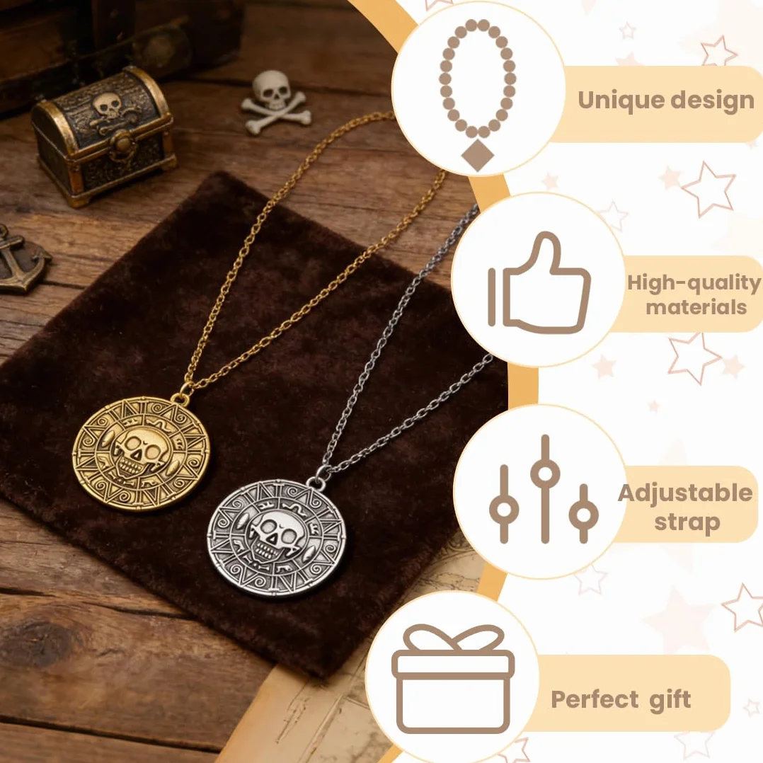 Collana Moneta Azteca Bussola Teschio Gioiello Pirata Carnevale Oro Argento