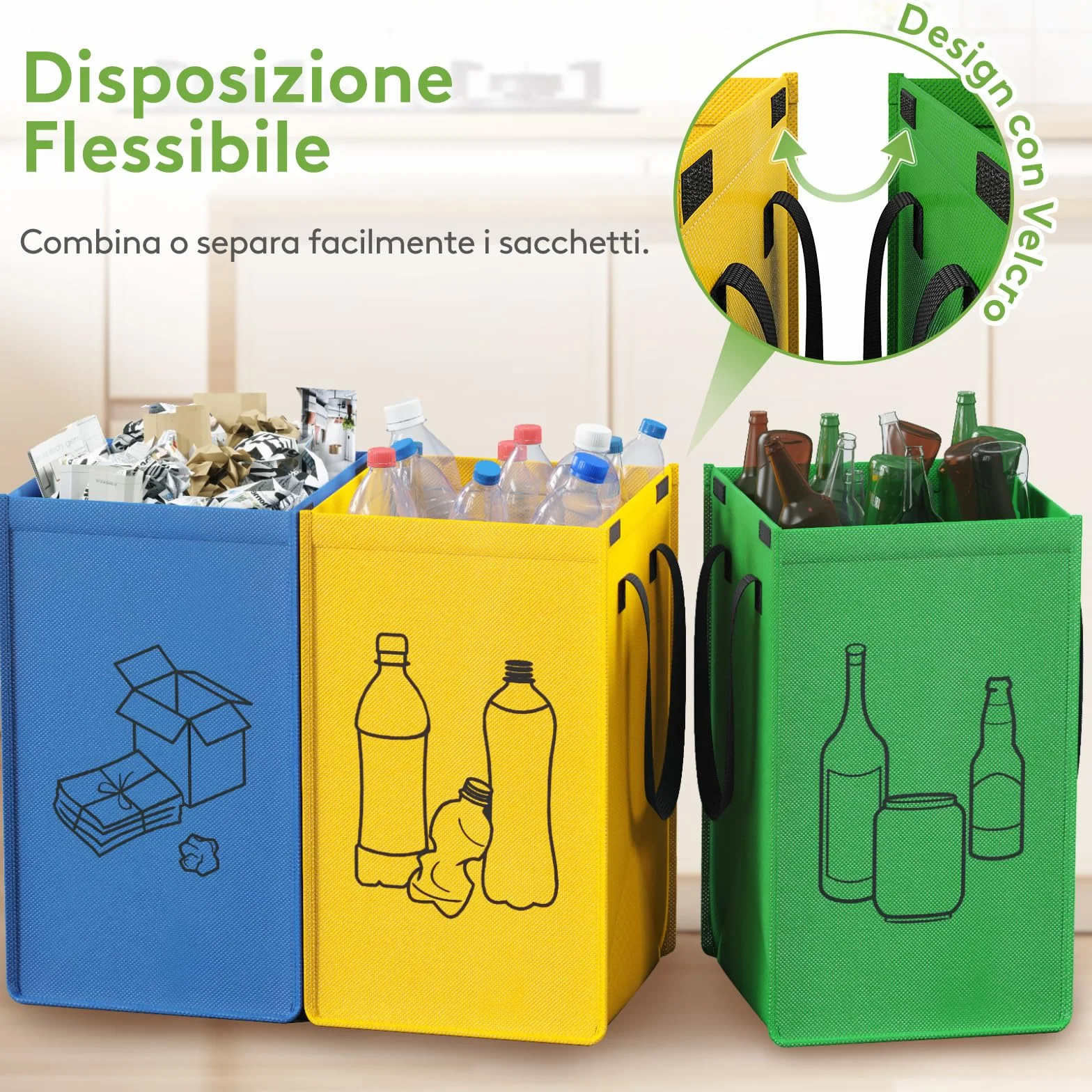 Lifewit Set di 3 Borse Raccolta Differenziata 45 L, Bidoni Differenziata Interno in 3 Colori, Raccolta Differenziata Esterno per Carta, Plastica, Vetro e Bottiglie