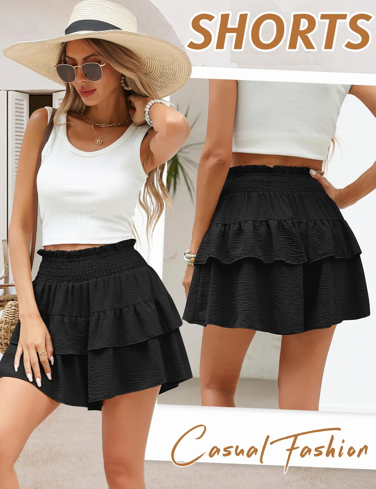 Pantaloncini Donna Estivi Elastica a Vita Alta Eleganti Casual Lavoro Pantaloni Corti con A-Line Volant Gonna Skater Spiaggia