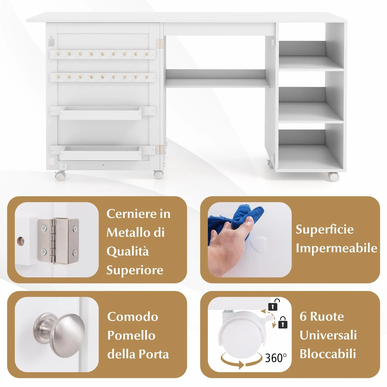 RELAX4LIFE Tavolo da Cucito Pieghevole, Mobile per Macchina da Cucire con Ripiani di Stoccaggio, 2 Contenitori e 18 Ganci, Stazione di Lavoro Portatile con Ruote Bloccabili per Spazi Ristretti