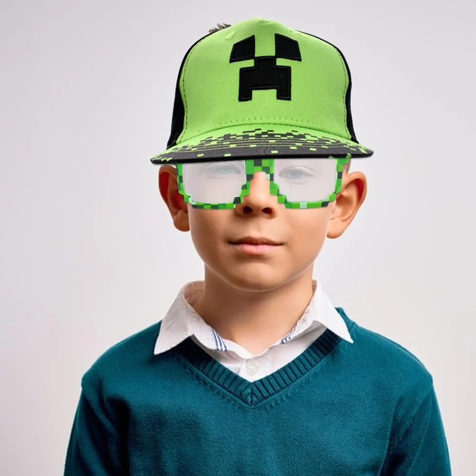 Minecraft Cappellino Baseball 2PCS Cappello da Sole Occhiali da Sole Berretto Cartoni Protezione Solare Cotone Regolabile Set Bambini