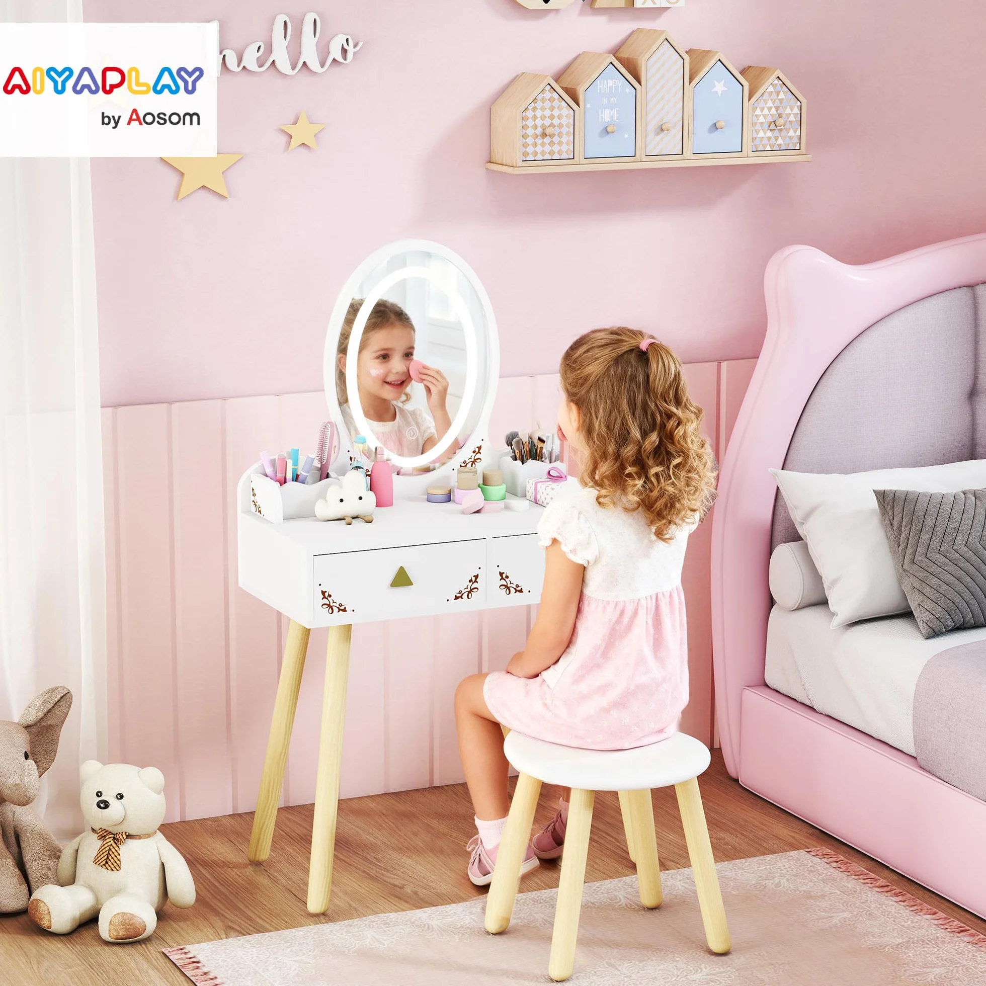 AIYAPLAY Set Toeletta 2 in 1 con Specchio Illuminato e Sgabello, Tavolo da Trucco con Luce LED a 3 Colori, 2 Cassetti e 2 Scatole in Legno, Tavolino per Bambini da 3+ Anni, Bianco