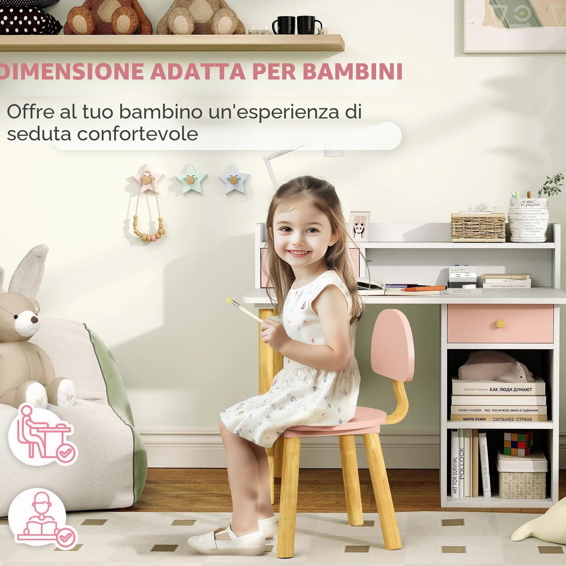 AIYAPLAY Set di scrivania e sedia per bambini +3 anni Scrivania per bambini con cassetti, scomparti e ripiani per la camera da letto e la sala studio Rosa e bianco