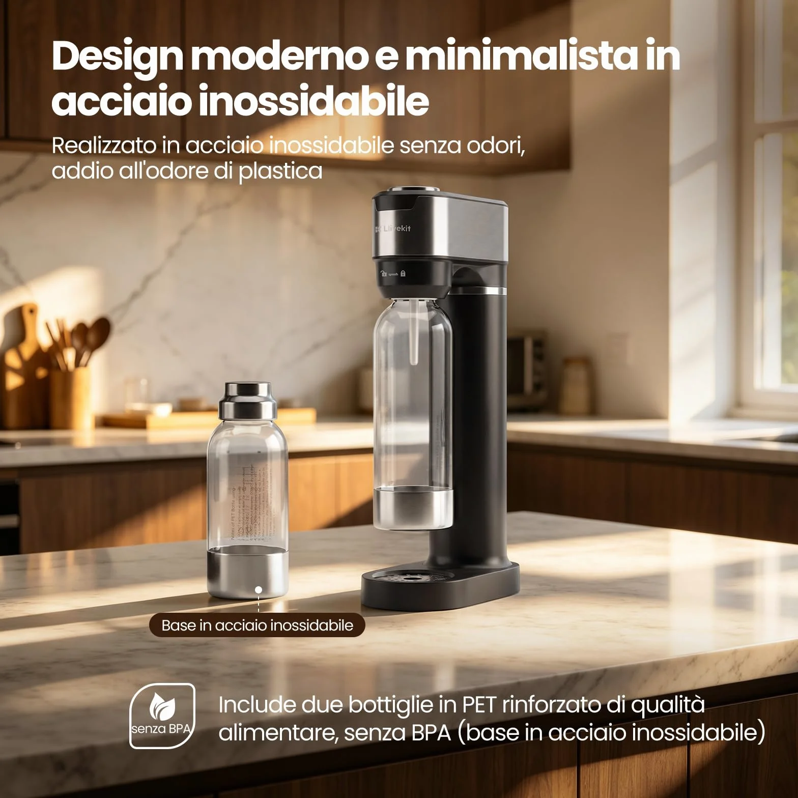 LLIVEKIT Gasatore d’acqua con 4 Livelli di Effervescenza, Bottiglie PET 0,5 L e 1 L, Acciaio Inox, Nero