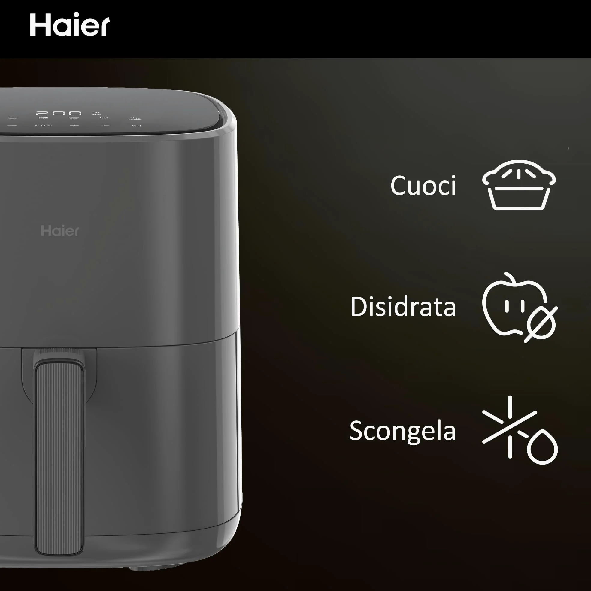 Haier Friggitrice ad aria I-Master, 6 in 1 con display touch, cuoci, arrostisci, griglia, scongela, capacità 5 litri per un massimo di 4 persone, [Nero]