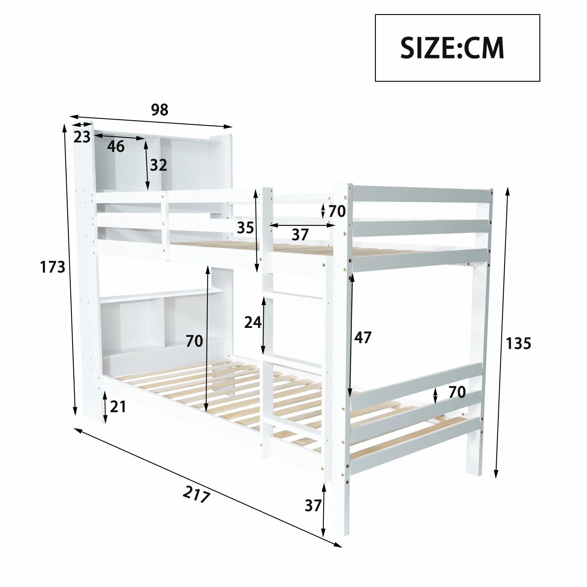 Oyemige Letto a Castello, Letto per Bambini con Contenitore, Letto Matrimoniale con Ripiano e Scala Ad Angolo Retto a Tre Gradini, 90x200 cm Letto In Legno, Rete A Doghe, Bianco, Senza Materasso