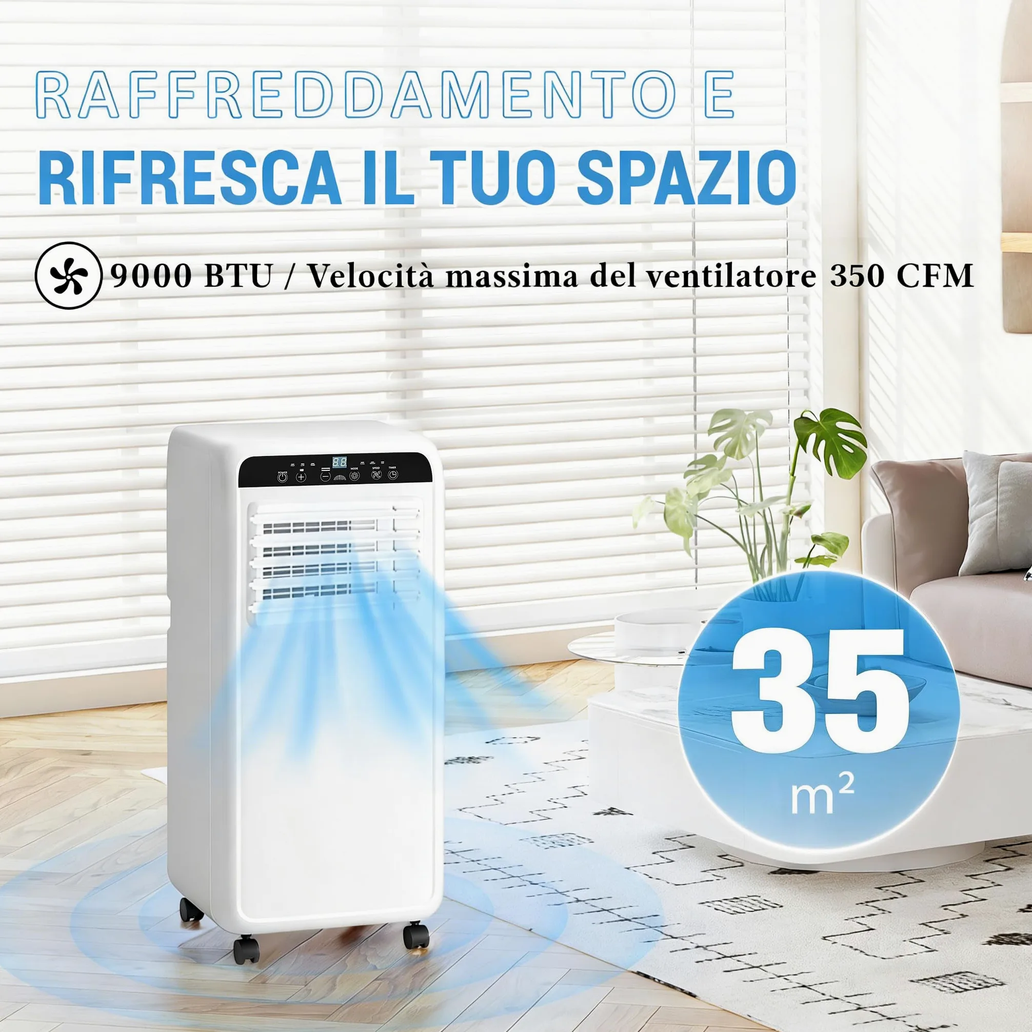Climatizzatore portatile 9000 BTU 3-in-1 fino a 35 m²: raffreddamento, ventilazione e deumidificazione. Con telecomando, kit installazione, timer 24h e funzionamento silenzioso