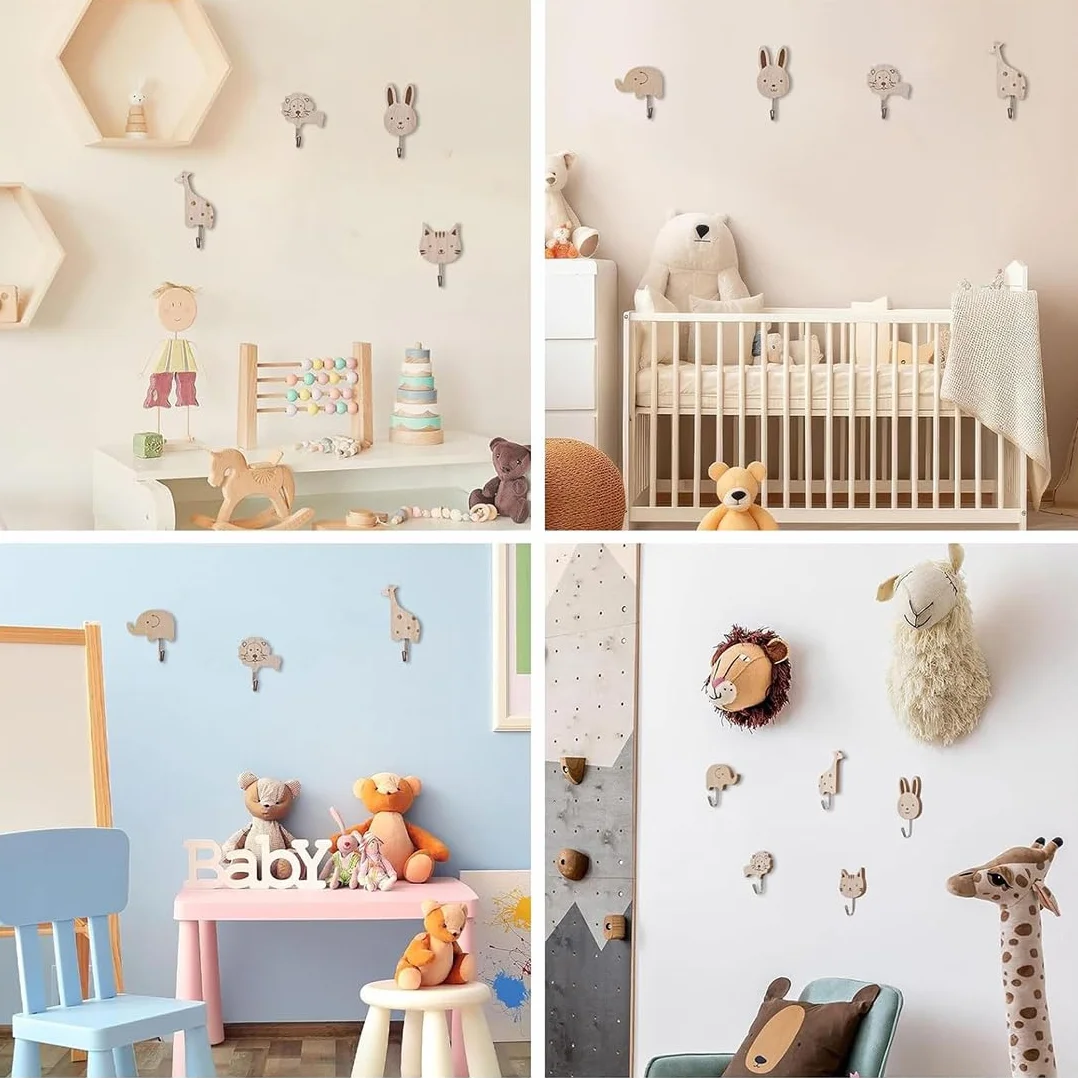 Ganci Autoadesivi per Bambini a Forma di Animale, Ganci in Legno, Appendini per Asciugamani e Cappelli, Set da 6 Pezzi per Bagno e Camera