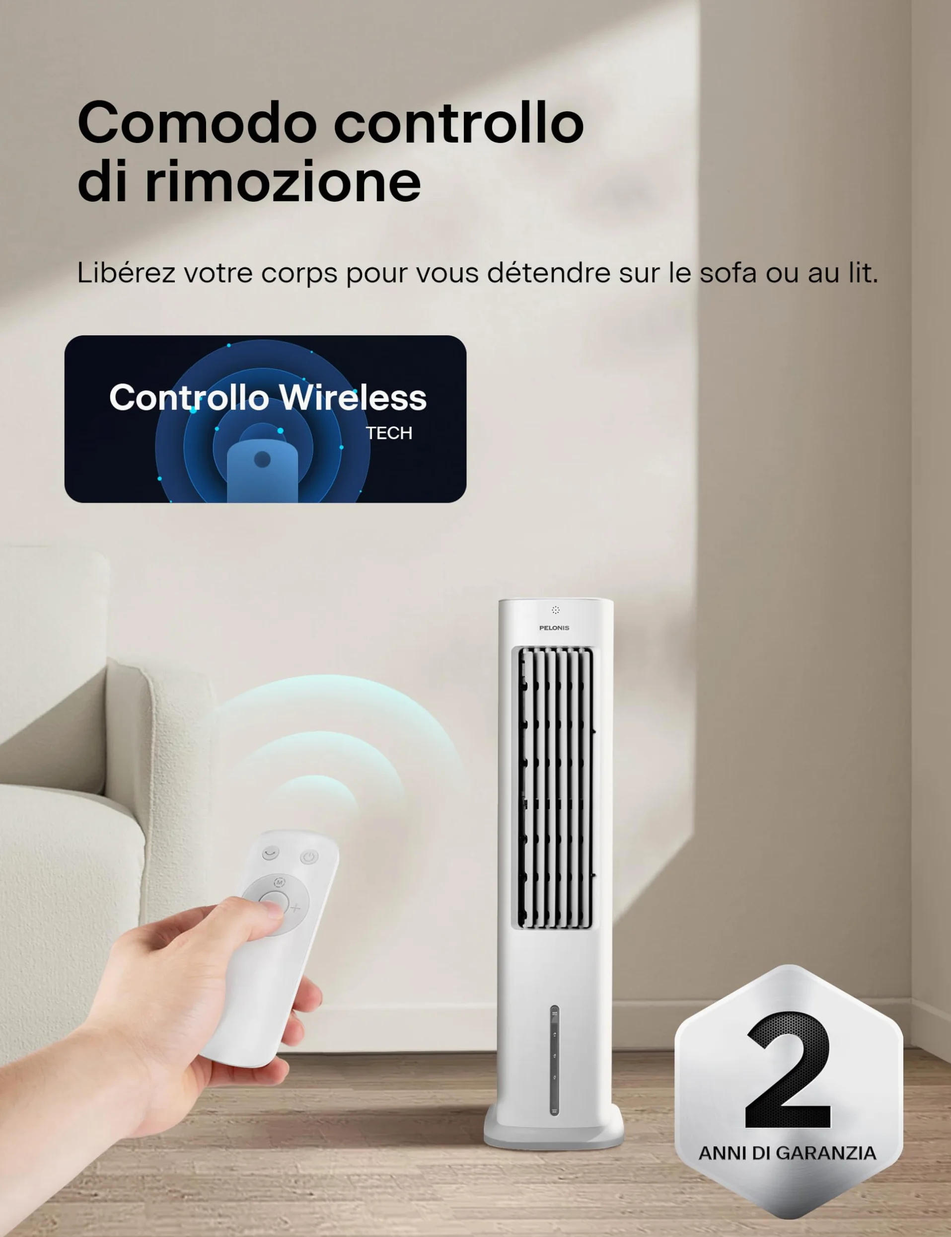 PELONIS Raffreddatore d'Aria a Evaporazione, Climatizzatore Mobile, 5L con Telecomando, 355m³/h, Senza Tubo di Scarico