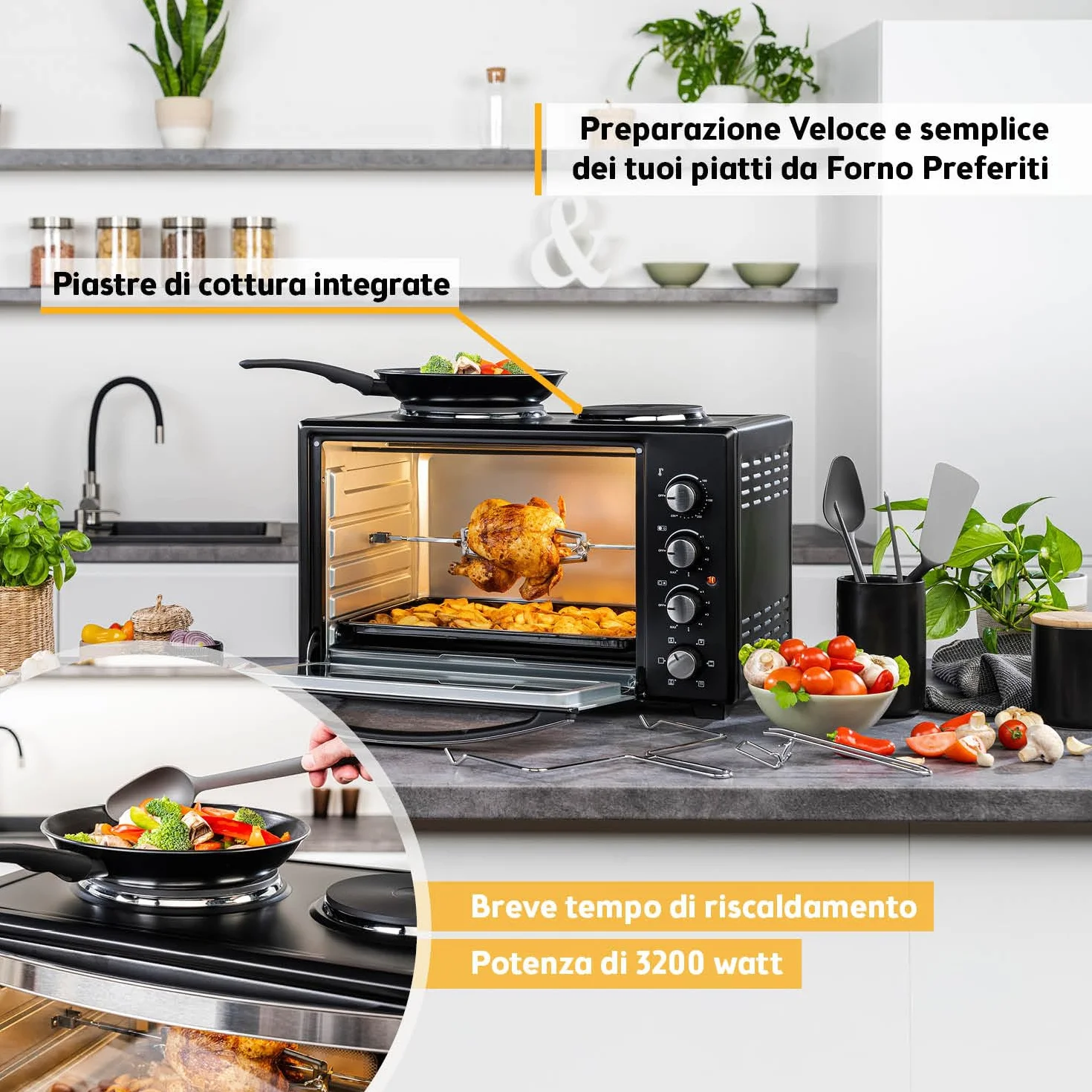 TZS First Austria - Mini Forno con fornelli 30L 3200 W - Fornetto per pizza con piastre fino a 230°C e 6 modalità di riscaldamento - Multiforno con 4 altezze di inserimento e accessori di alta qualità