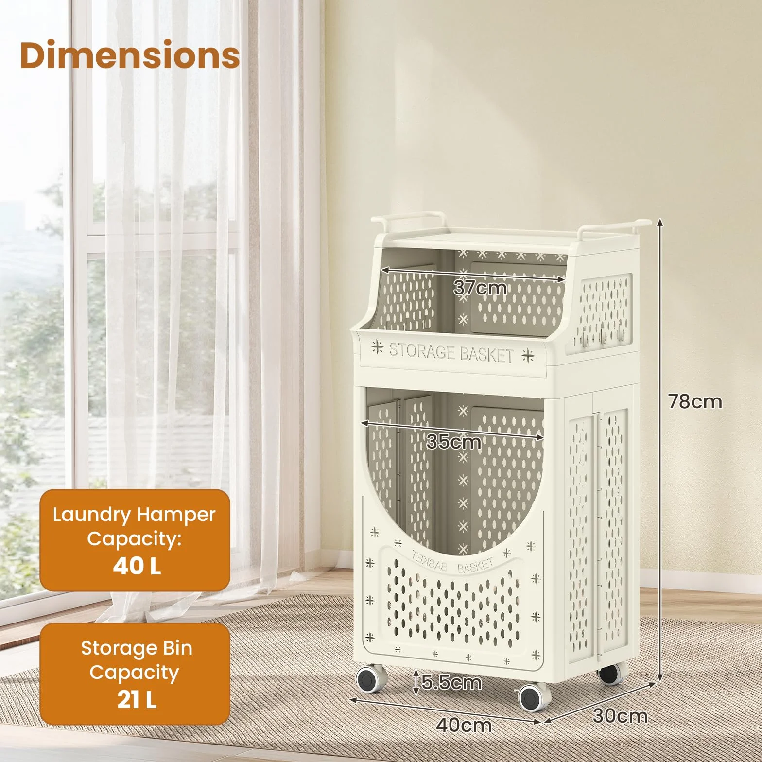 GIANTEX - Carrello portabiancheria con 4 ruote e 6 ganci, cesto per la biancheria da 40 L, design pieghevole, contenitore per la biancheria e organizer per bagno, camera da letto, dormitorio