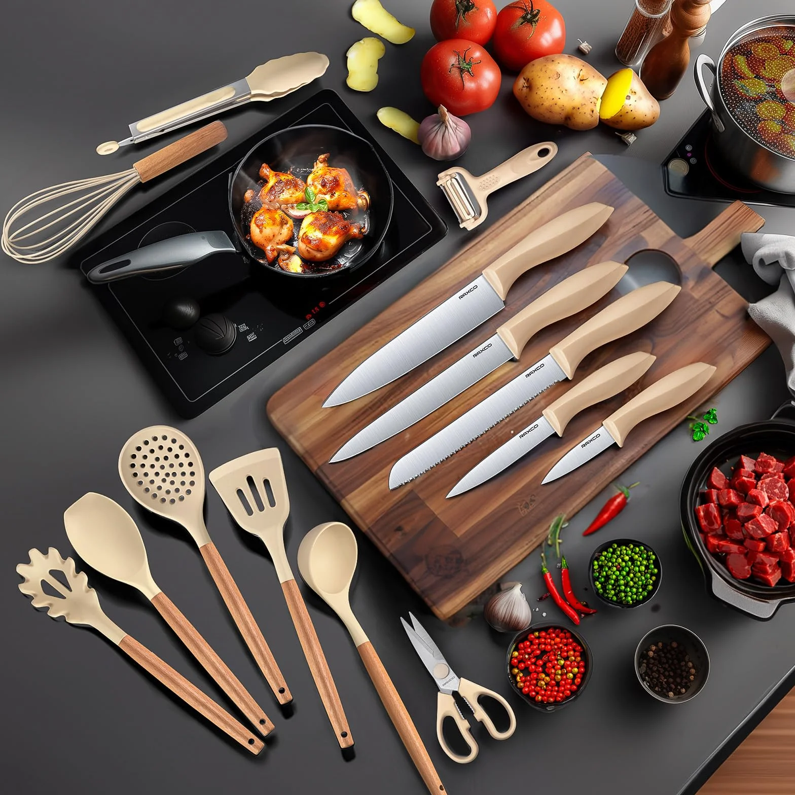 RAXCO Set di coltelli da cucina con blocco 18 pezzi 5 coltelli 7 spatole in silicone Cachi