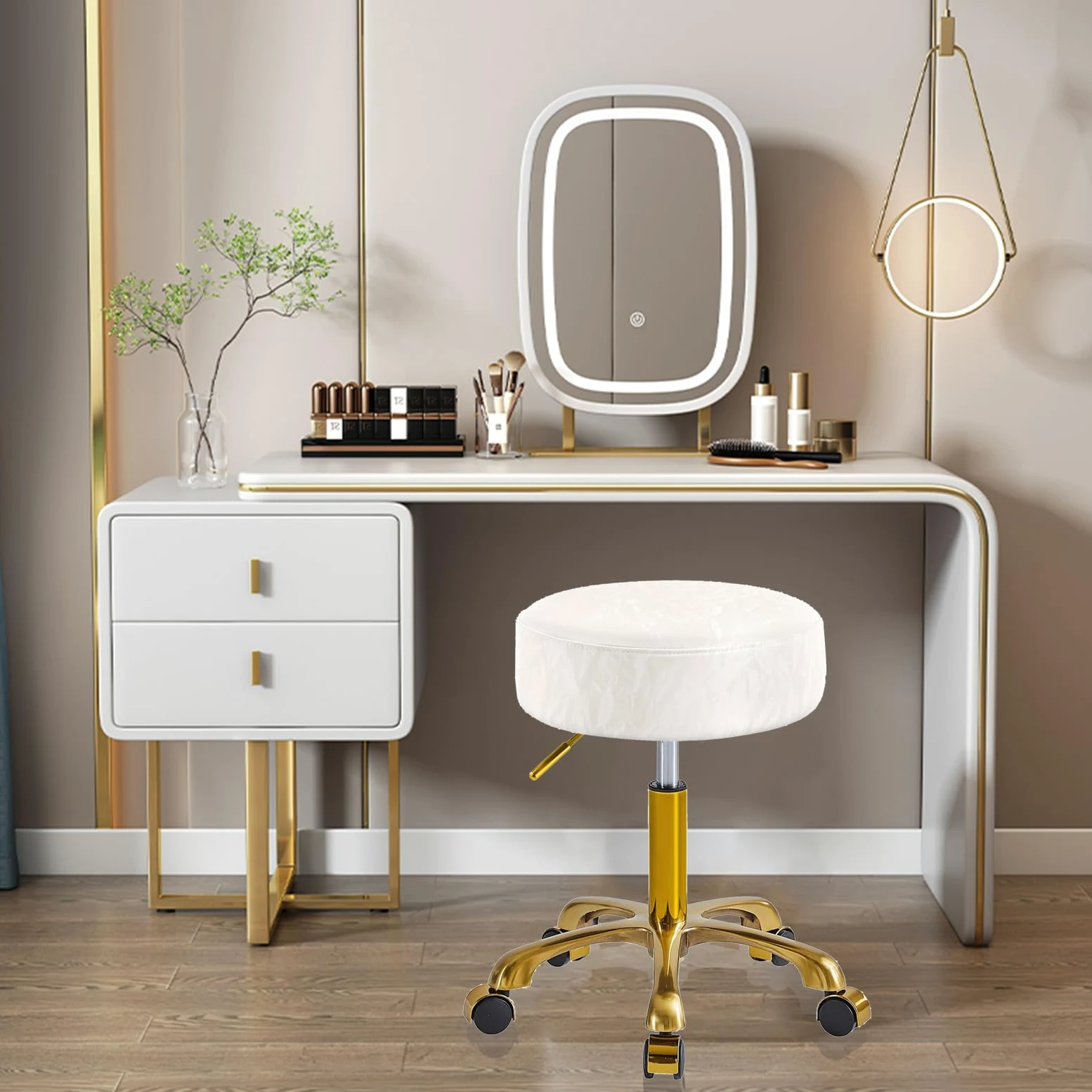 Dorato Sgabello con Ruote, Sedia con Rotelle Regolabile Altezza, Motivo Ghiacciaio Pelle PU, Trucco Sgabelli Girevole per Trucco, Salone e Spa, Capacità 400 Libbre (Bianco, Senza Schienale)