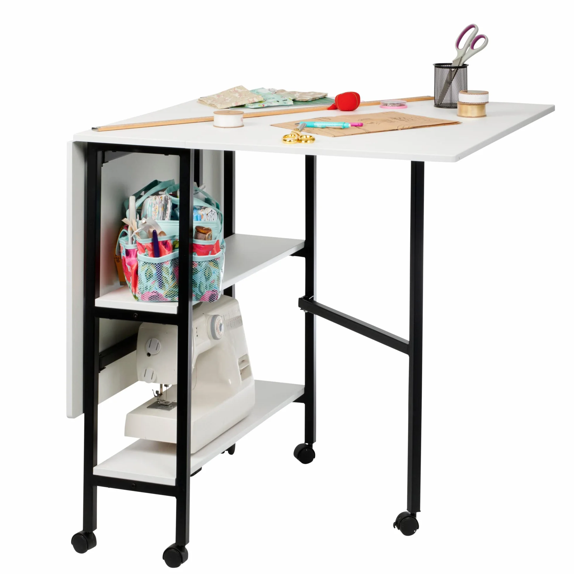 Tavolo da cucito pieghevole con piano bianco, gambe nere e ruote, 2 ribalte e 2 ripiani - WC1012
