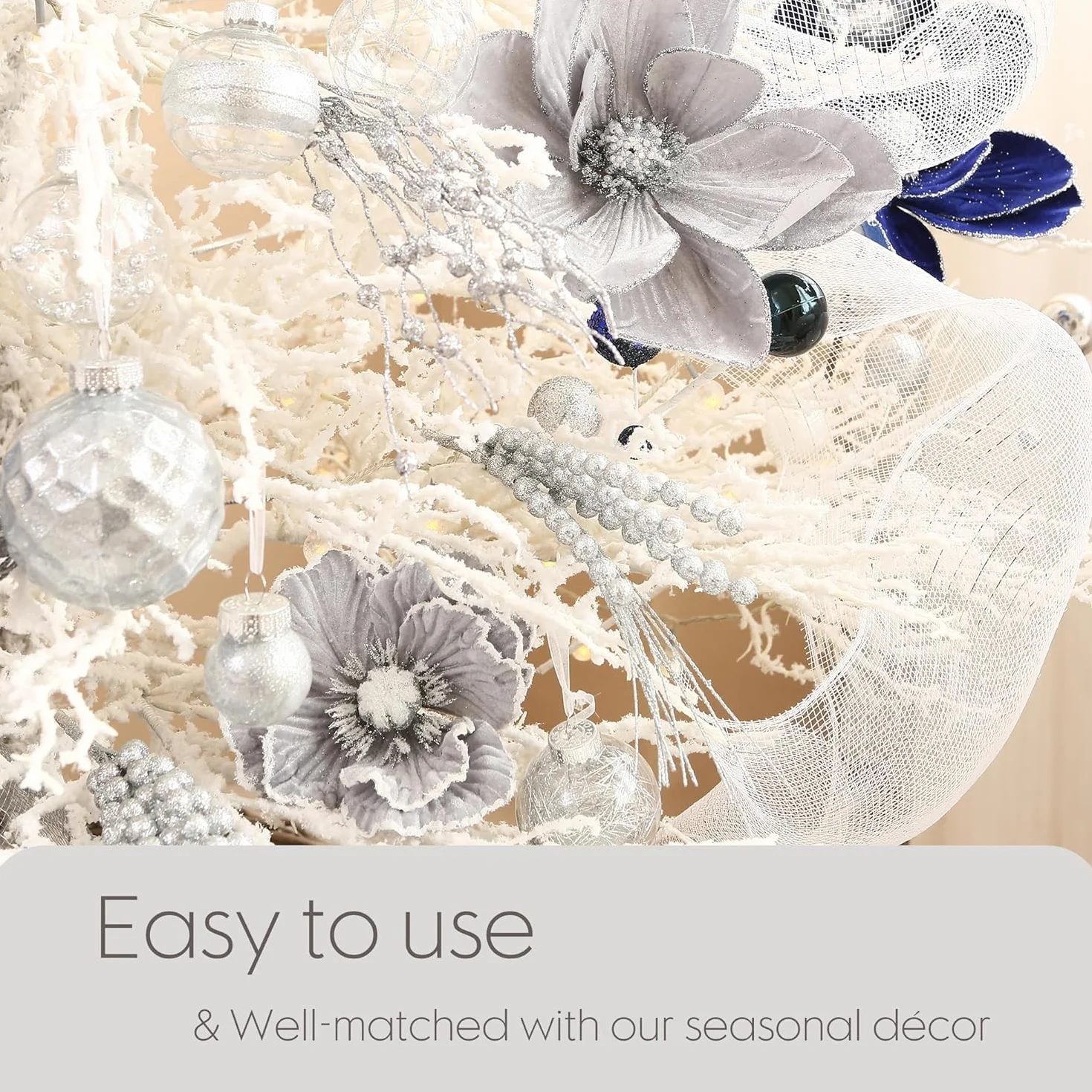 Sea Team Confezione da 12 ornamenti artificiali con fiori di Natale, magnolie in tessuto floccato con glitter, decorazioni floreali per albero di Natale, ghirlanda, 6,3 pollici. Argento