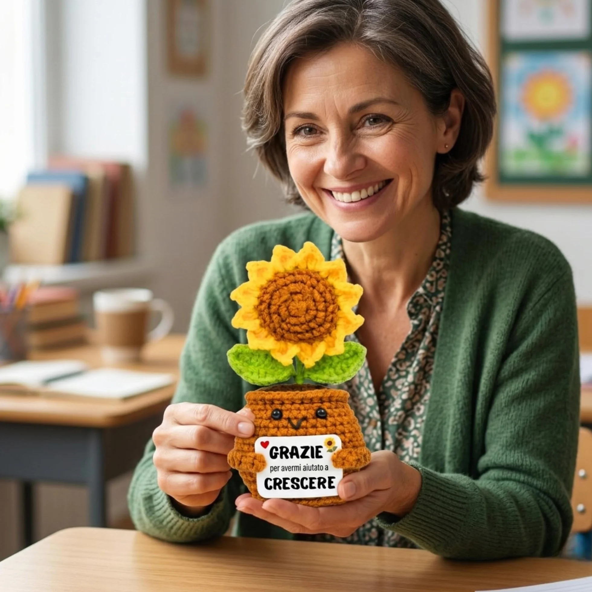 Regalo Maestra Girasole Uncinetto Grazie per avermi aiutato a crescere Peluche Positivo Insegnante