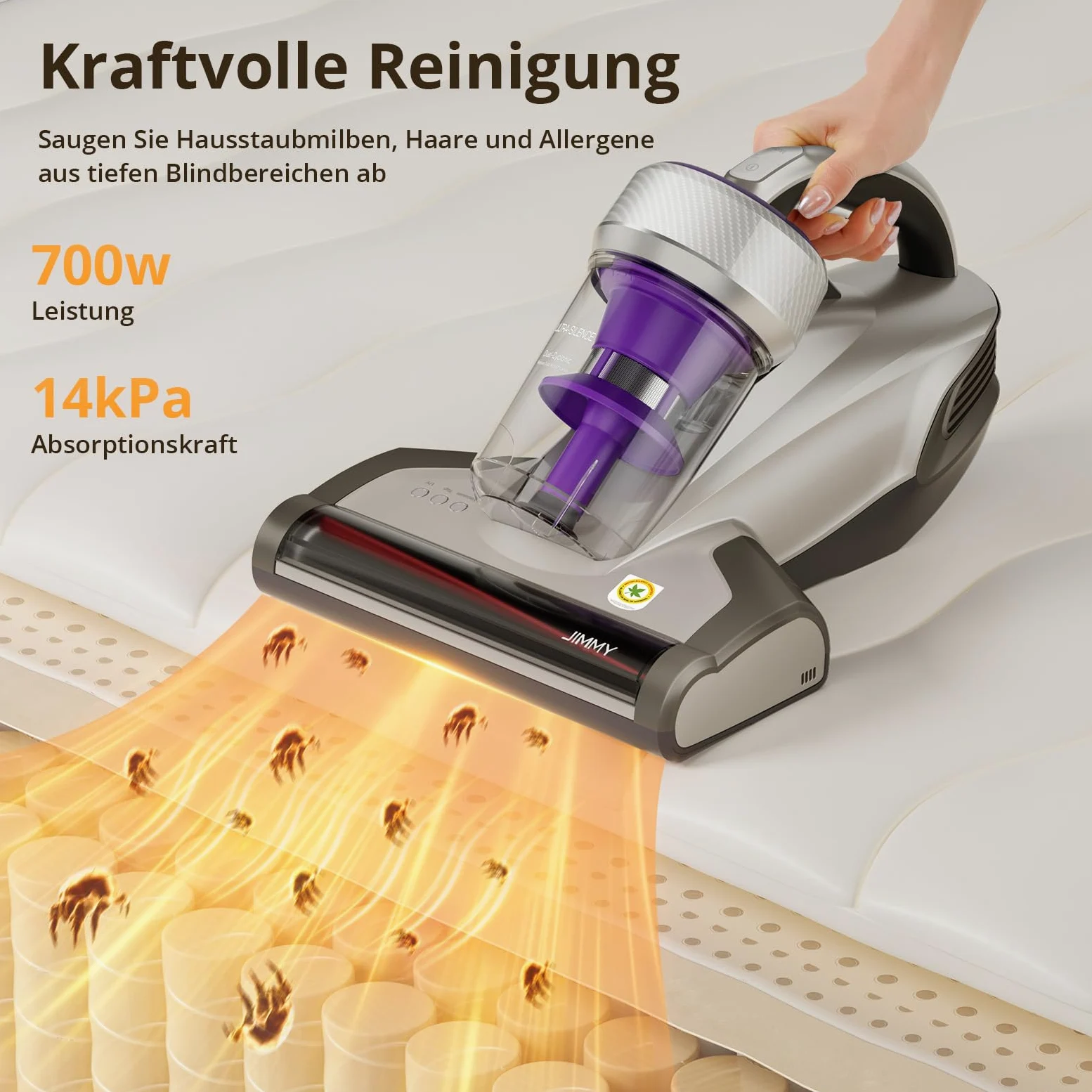 Jimmy JV35 Aspiratore per Materassi con Sterilizzazione UV, 700W 14Kpa Battimaterasso Antiacaro, Filtro HEPA, Sistema di Filtrazione Dual-Cyclonic e Certificato di Qualità