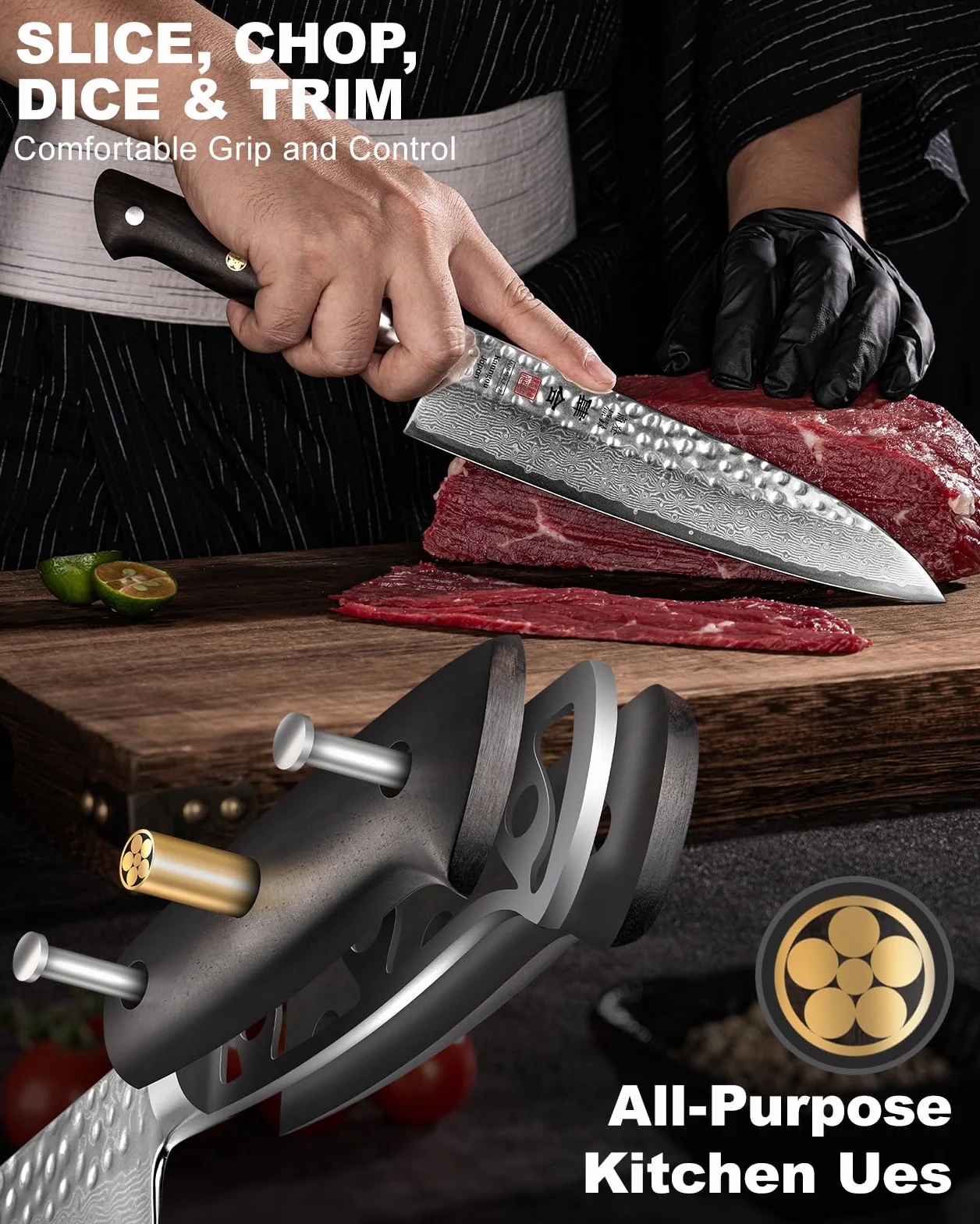 Kanngou Coltello Giapponese Damas 21 cm Coltello Gyuto in Acciaio Damasco 67 Strati, Manico in Legno di Ebano Piena Seta, Coltello da Cucina Professionale con Cofanetto Regalo Premium