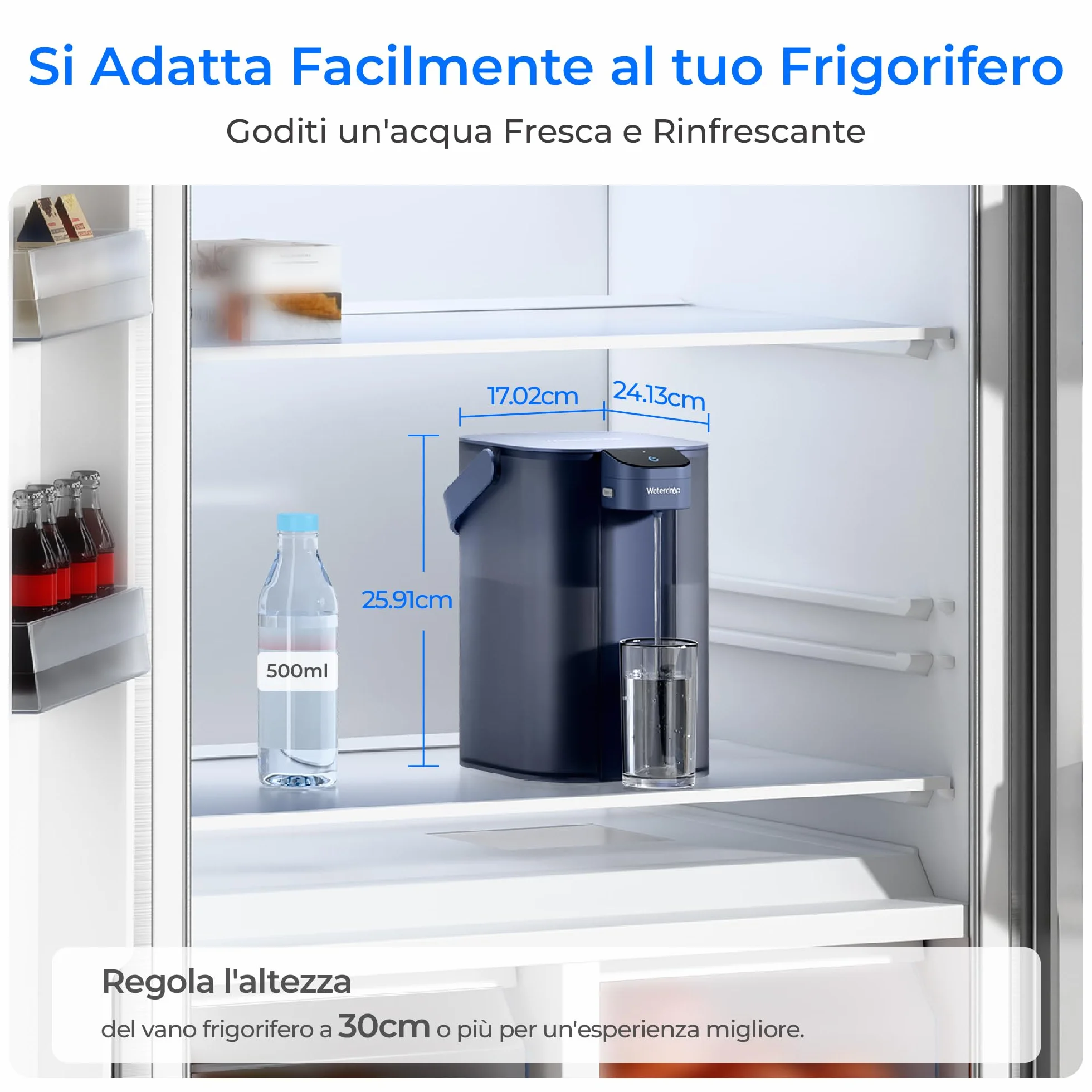 Waterdrop Caraffa filtrante elettrica istantanea 3,5 l riduce cloro piombo mercurio PFAS PFOA PFOS 757 litri blu