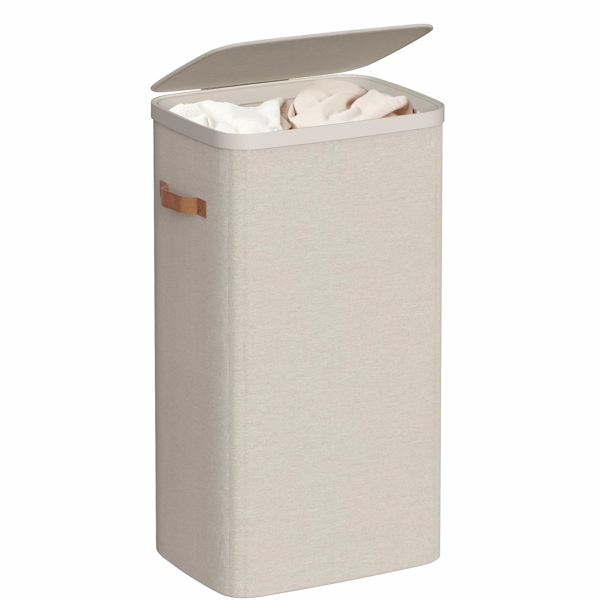 SONGMICS Cesto Portabiancheria, Porta Biancheria Sporca da 100 L, Montaggio Facile, con Coperchio Maniglie, Sacco Interno Rimovibile, 42 x 32 x 75 cm, Beige Cappuccino LCB811LH01