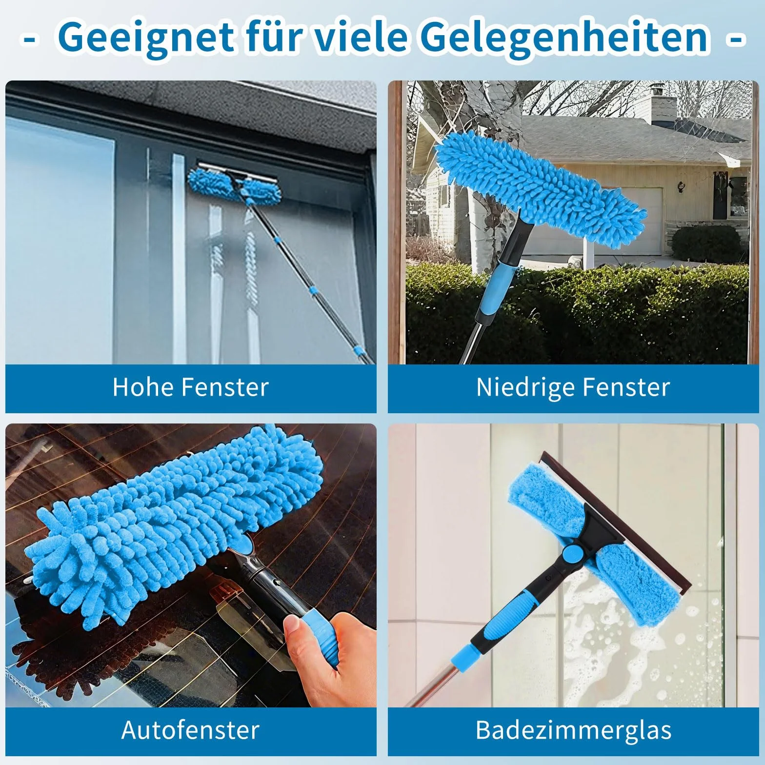 MLOQI Set sgocciolatore finestre telescopico 180 cm pulitore 2 in 1 vetri auto Blu