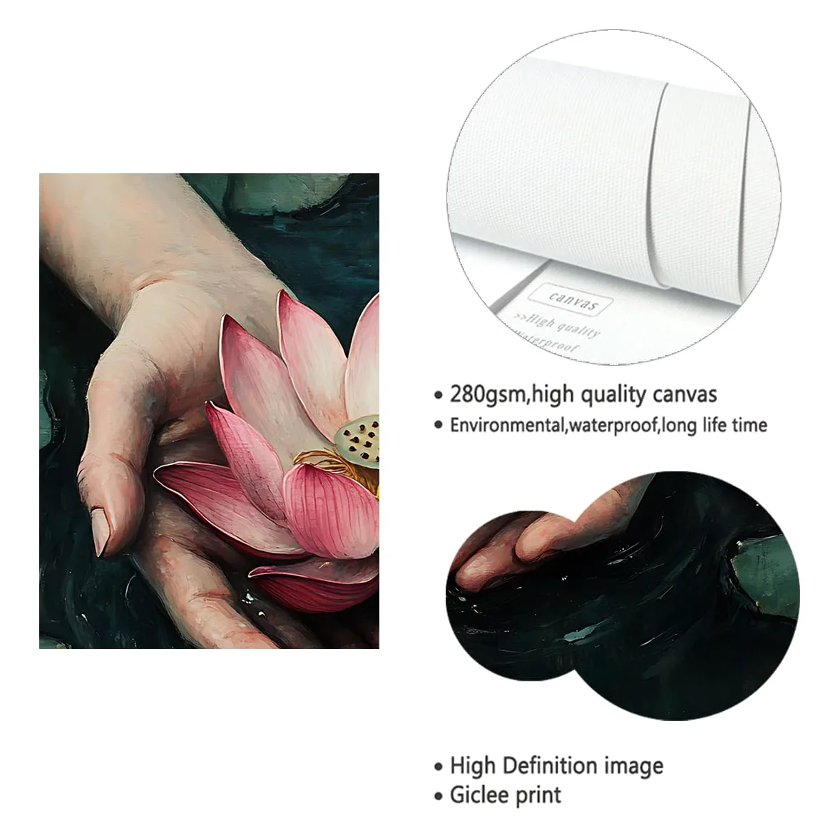 YUNART Tela pittura da tela arte murale con mano ninfea laghetto di fiori decorazioni murali per soggiorno cucina bagno ufficio arredamento della casa 90x90cm Telaio interno