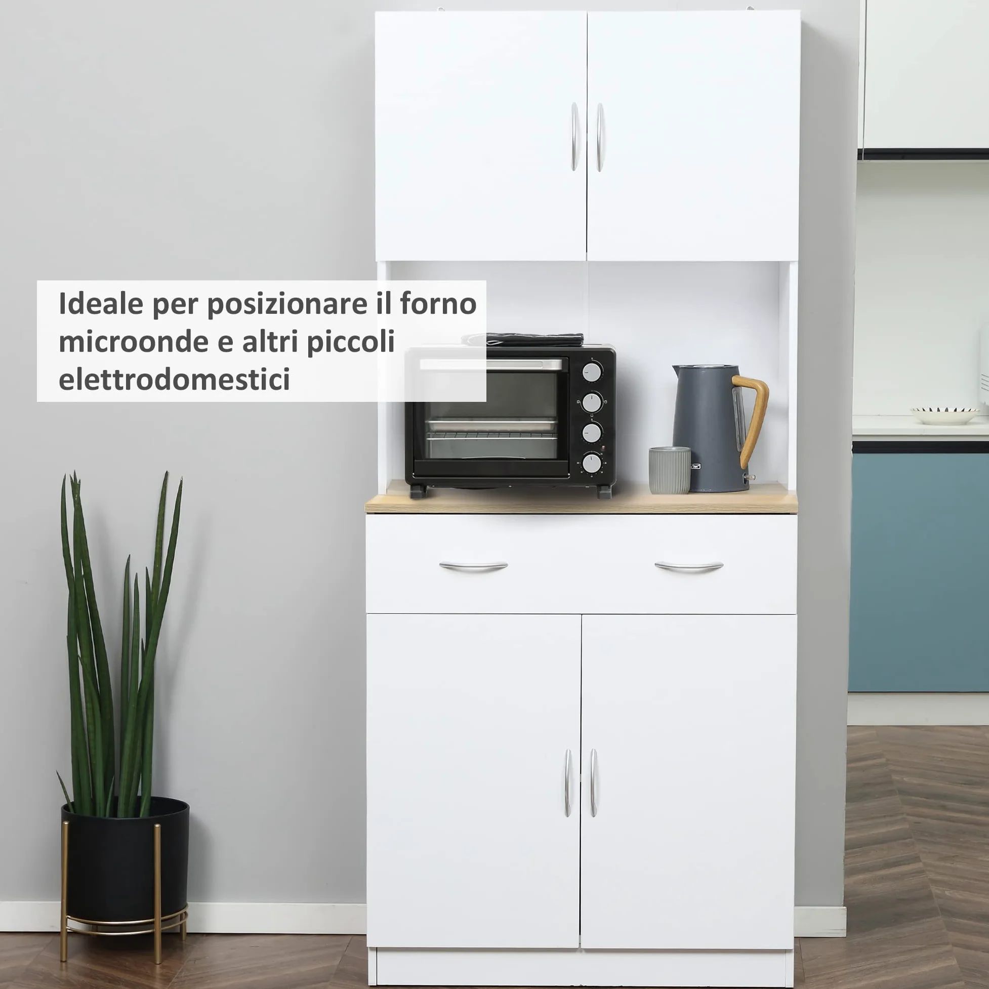 HOMCOM Mobile Cucina Alto 180cm con Armadietti a 2 Ante e Cassetto, Credenza Alta da Cucina in Legno con Ripiani Regolabili, per Cucina, Sala da Pranzo e Soggiorno, 80x40x180 cm, Bianco