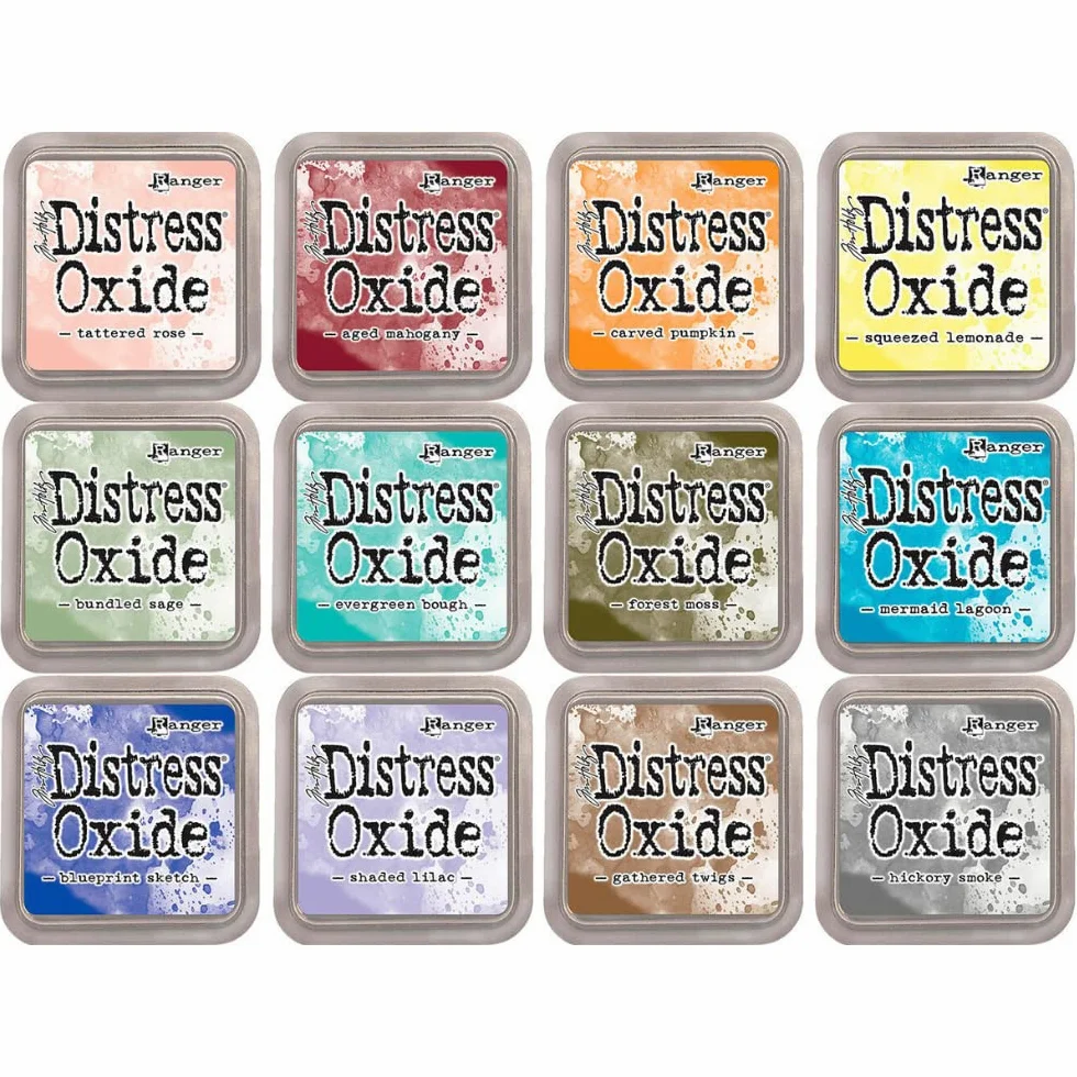 Kit di 12 inchiostri per fusione di pigmenti e tintura con tampone in feltro | finitura effetto opaco | Distress Oxide de Ranger - progettati da Tim Holtz | Kit numero 3 | Dimensioni circa 7,6 x 7,6