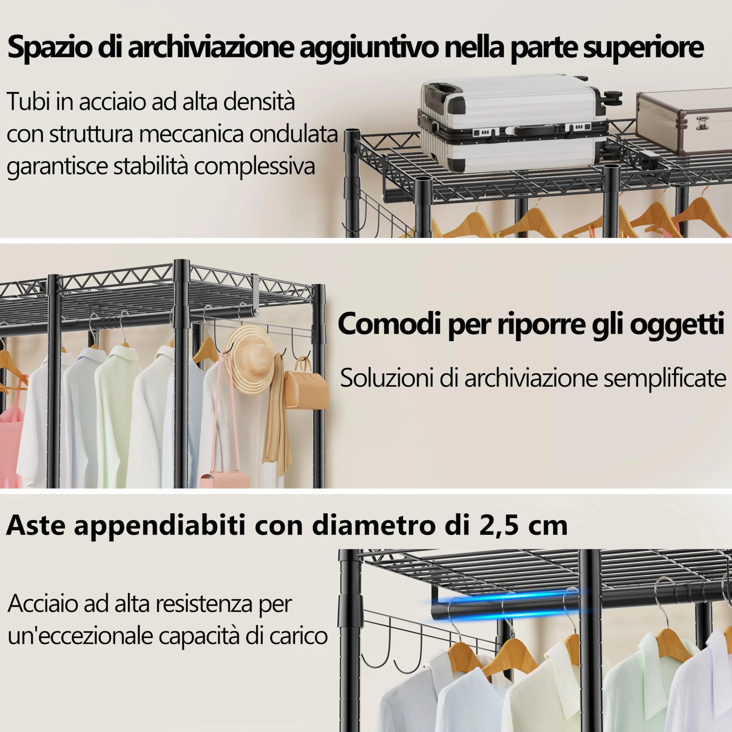 AQRA Stand Appendiabiti in Metallo, Altezza Del Ripiano Regolabile, Grande Capacità Guardaroba, 4 Metodi di Assemblaggio, per Appendere i Vestiti, Riporre i Vestiti, 193,5W×43,5D×195H (Nero)