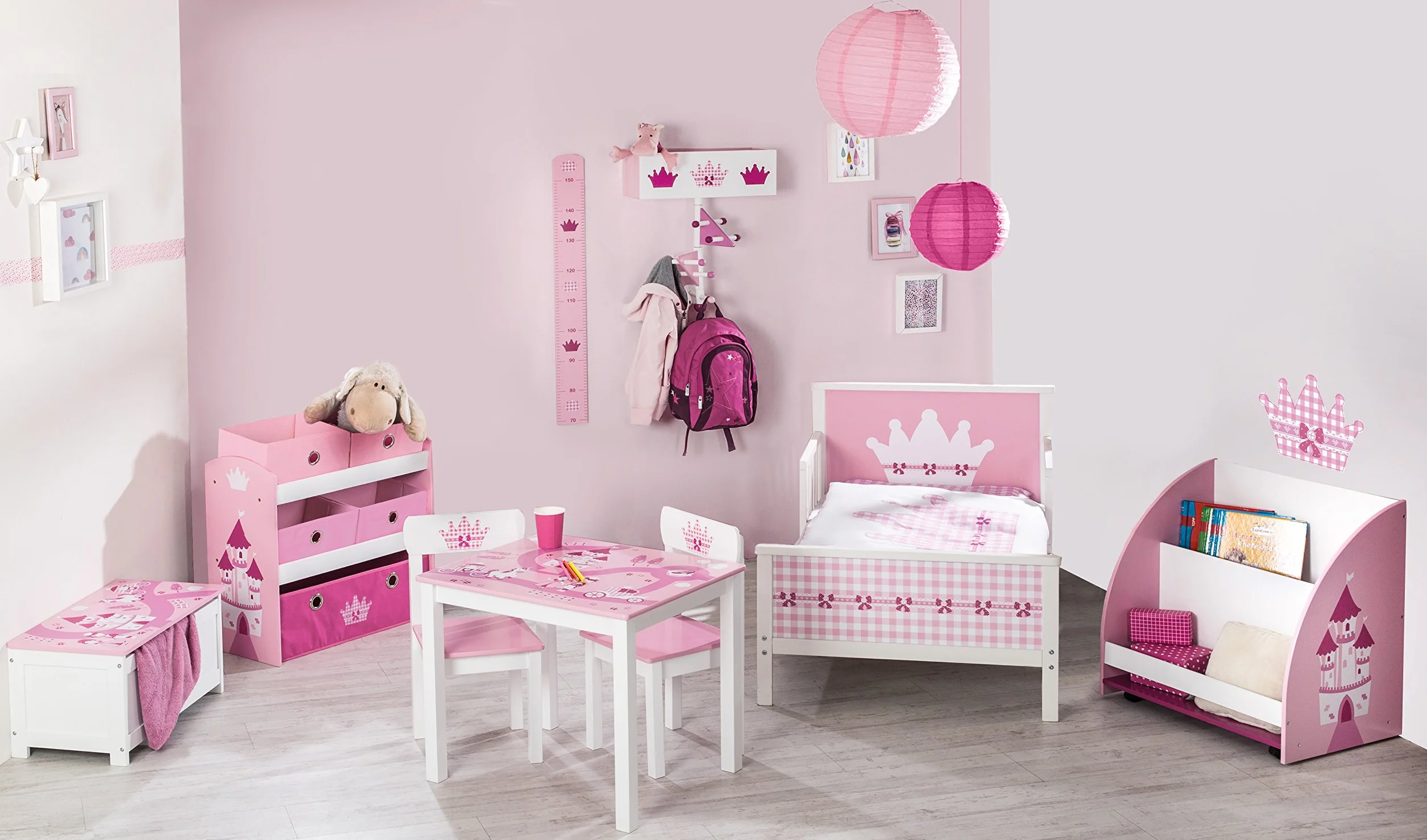 Krone roba Set Tavolo + 2 Sedie per Bambini Legno Bianco e Rosa dai 18 Mesi ai 10 Anni
