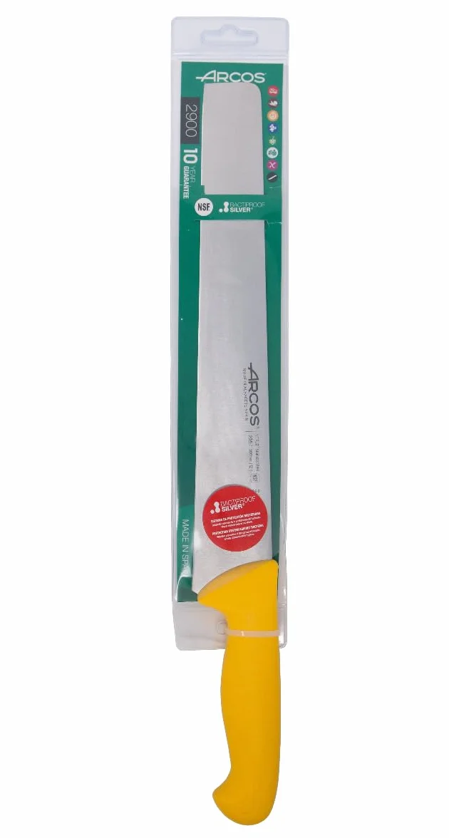 Arcos Coltello Salame con Lama in Acciaio Inossidabile 300 mm – Manico Ergonomico in Polipropilene, Serie 2900 – Colore Giallo, Facilita l'Identificazione di Ogni Gruppo di Alimenti