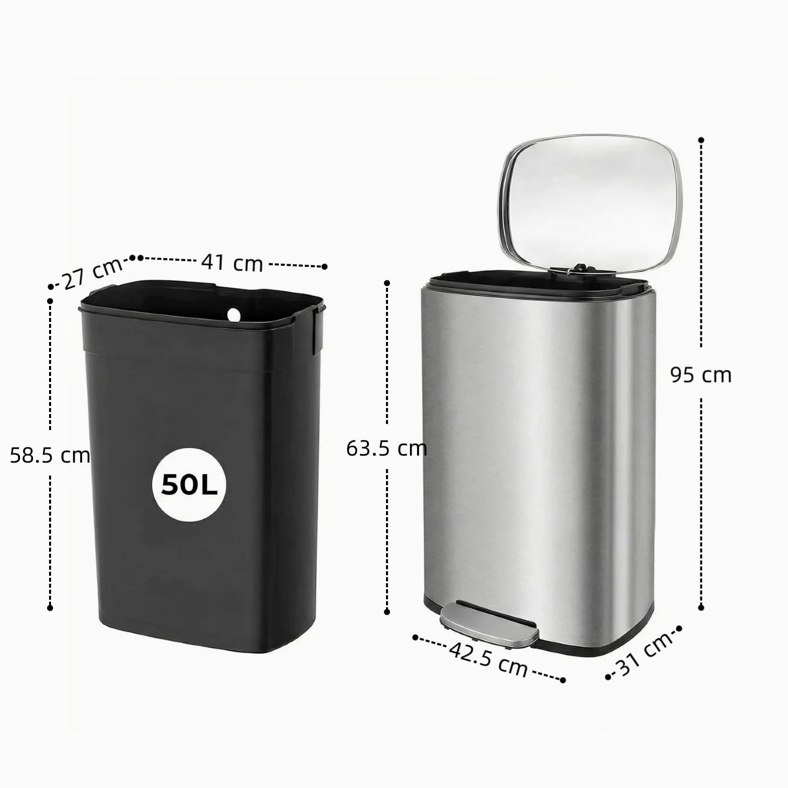 LIFERUN Pattumiera Cucina 50 Litri, Cestino a Pedale in Acciaio con Coperchio a Chiusura Morbida, Secchio Interno, 50 l Cestino per Interno Cucina, Bagno, Ufficio, Argento