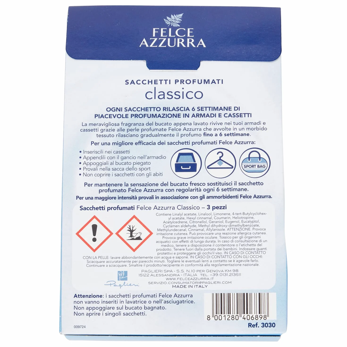 Felce Azzurra - 3 Sacchetti Profumati Classico, Profumatore per Ambienti Piccoli, Armadio, Cassetti, Valigia, Borsone Palestra, Profumatore Ambiente per 6 Settimane di Profumo, Profumatori Appendibili
