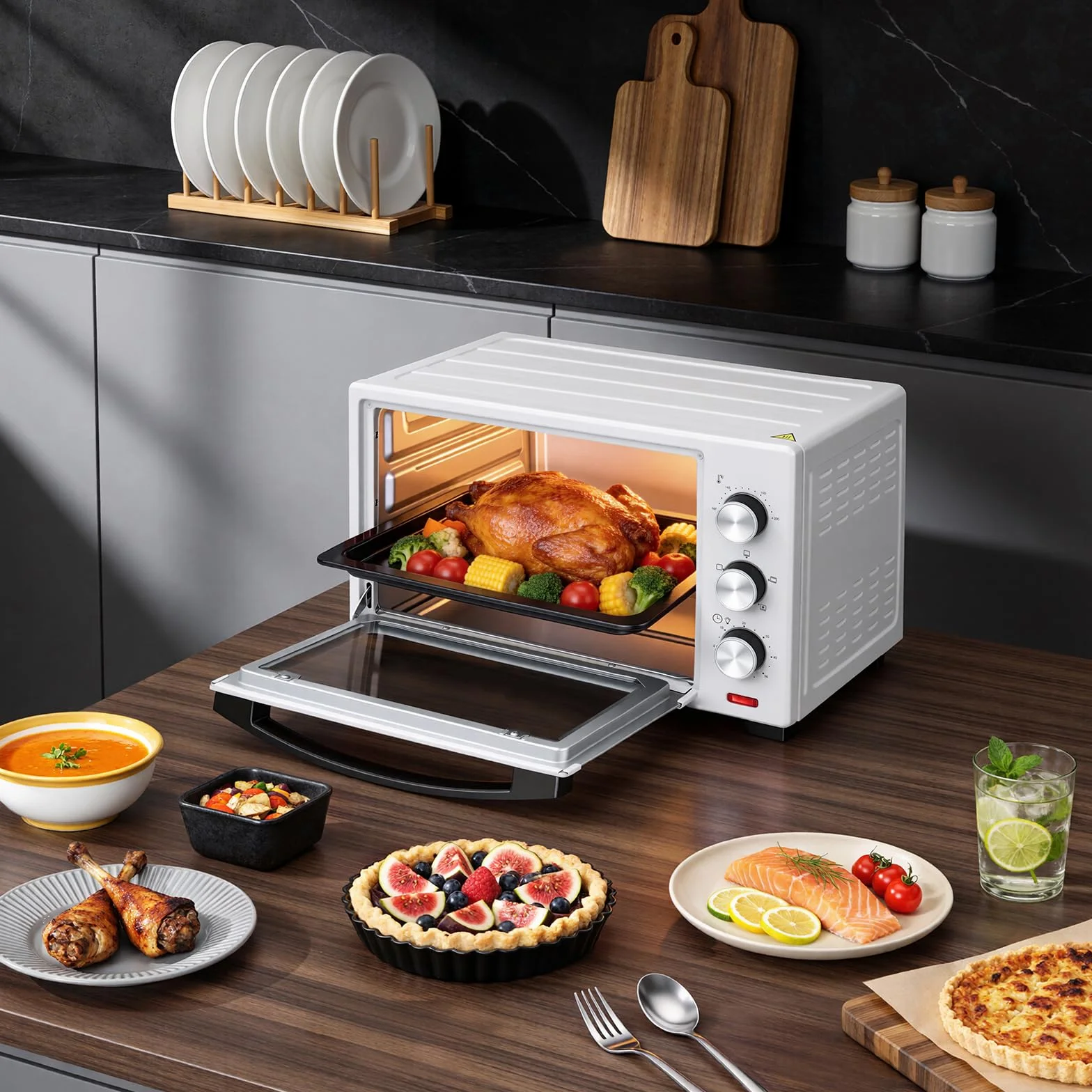WOLTU Fornetto Elettrico 28L 1600W Temperatura 100-230°C Timer 0-60min Doppio Vetro Bianco