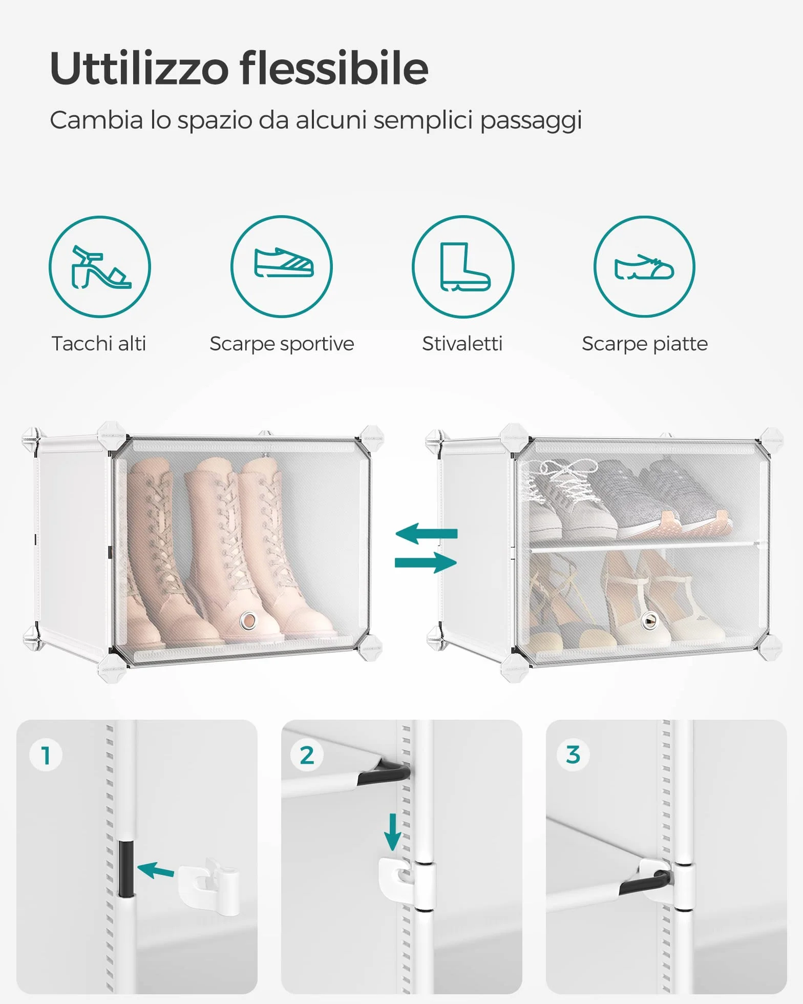 SONGMICS Scarpiera Modulare 10 Scomparti 40 Paia Scarpe con Sportelli Telaio Acciaio Bianco Trasparente LPC035W01