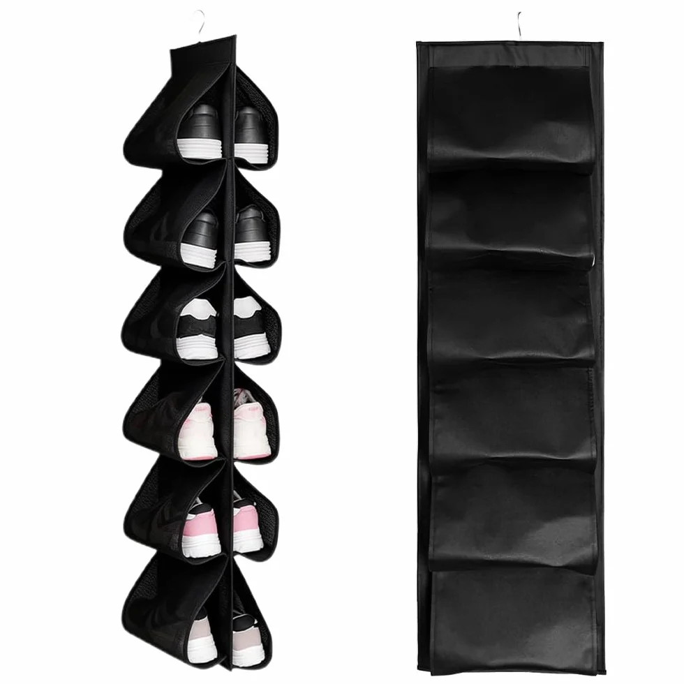 Portascarpe da Appendere 6 Ripiani, Scarpiera a Sospensione da Porta con 24 Tasche Antipolvere, Organizer Scarpe Salvaspazio - Nero