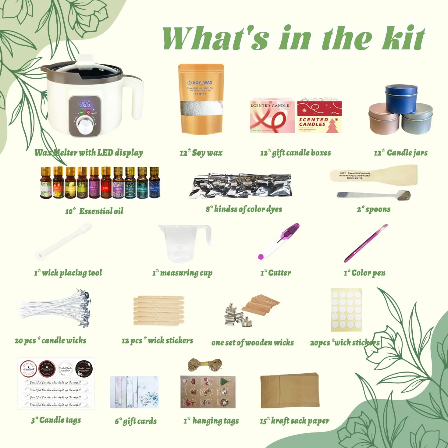 Kit per la creazione di candele fai da te in cera di soia con fusore elettrico e 12 barattoli