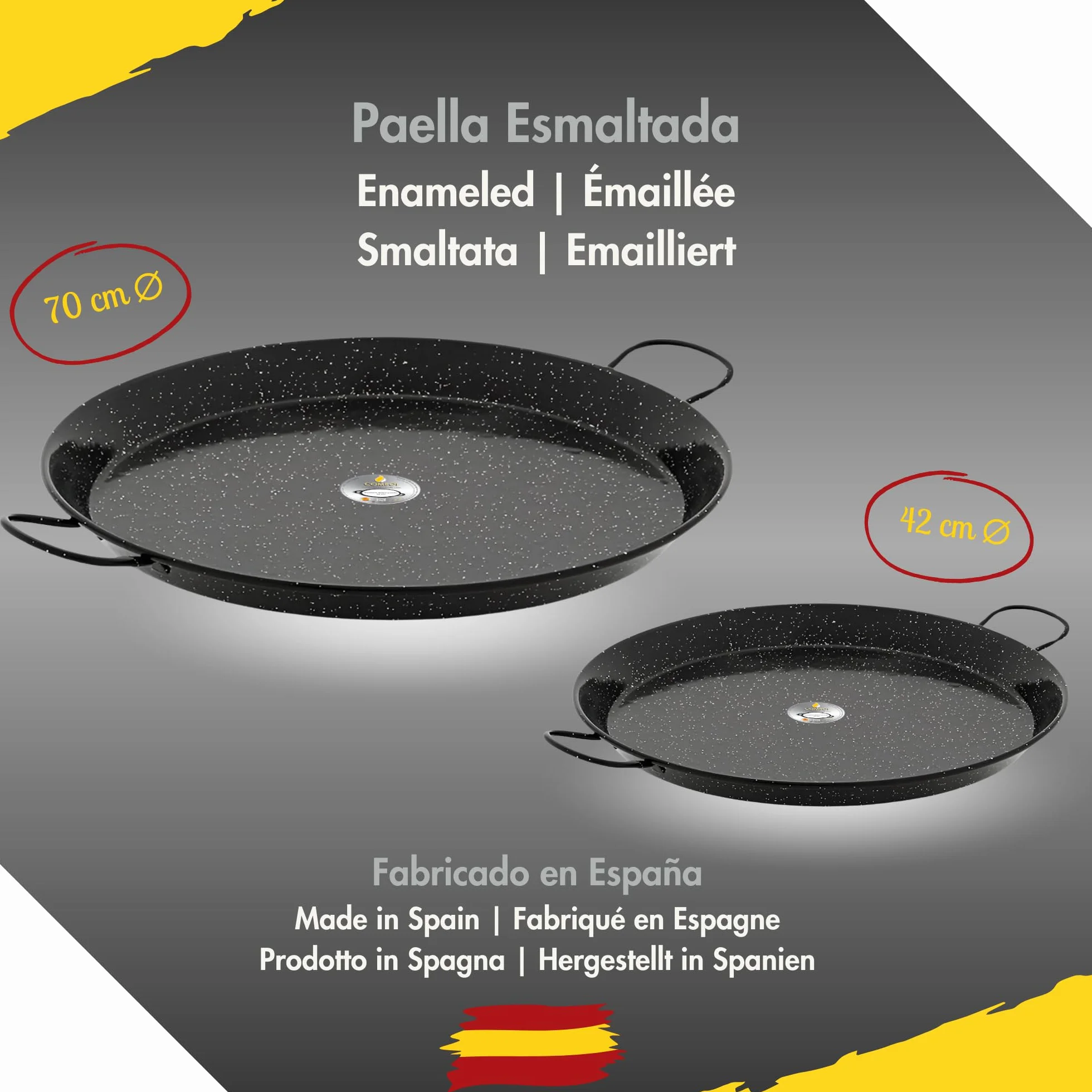 COMBOI Kit Paellero Pro-E 53 cm, Bruciatore a gas butano-propano, Paellera smaltata 70 e 42 cm, Regolatore, Tube, Gambe rinforzate, Livello, Grembiule, Libro ricette digitali