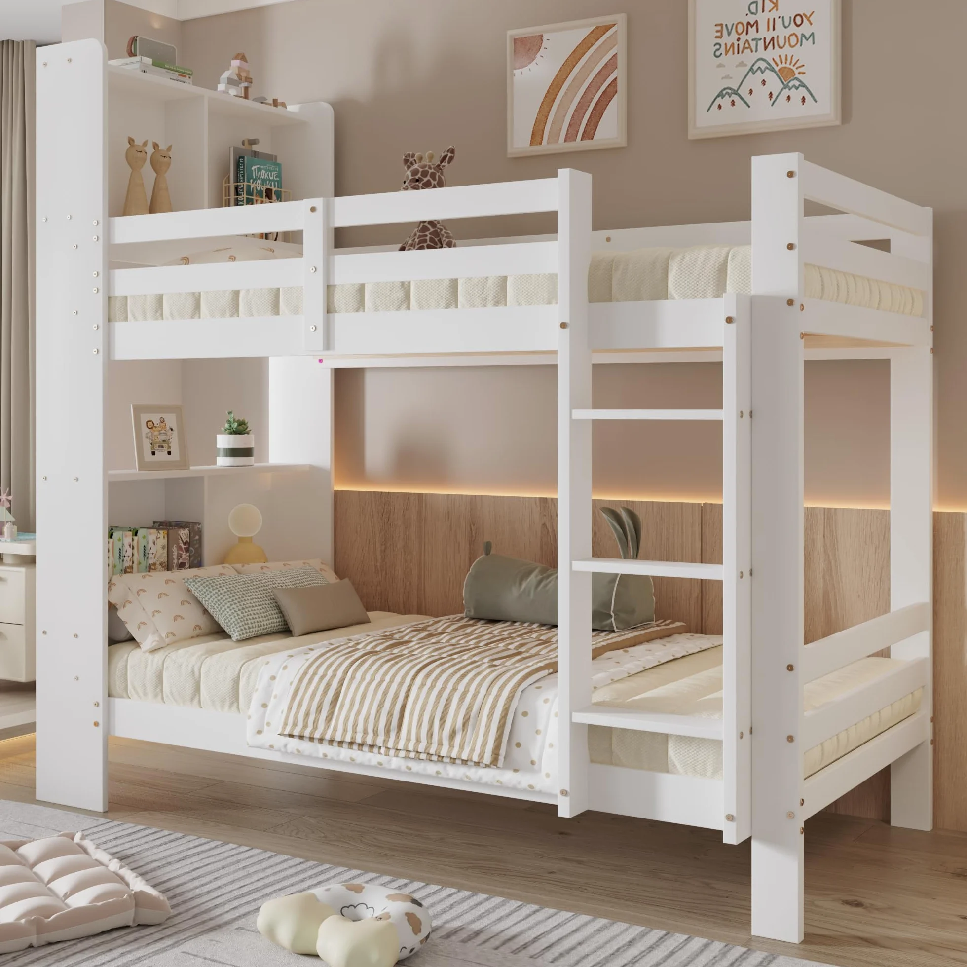 Oyemige Letto a Castello, Letto per Bambini con Contenitore, Letto Matrimoniale con Ripiano e Scala Ad Angolo Retto a Tre Gradini, 90x200 cm Letto In Legno, Rete A Doghe, Bianco, Senza Materasso