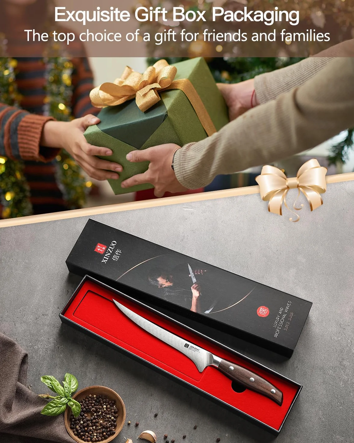 XINZUO 18,1cm Coltello per Sfilettare Acciaio Inossidabile 1.4116 - Coltello da Filetto Cucina Disossare Pesce e Carne - Manico in Red Sandalwood