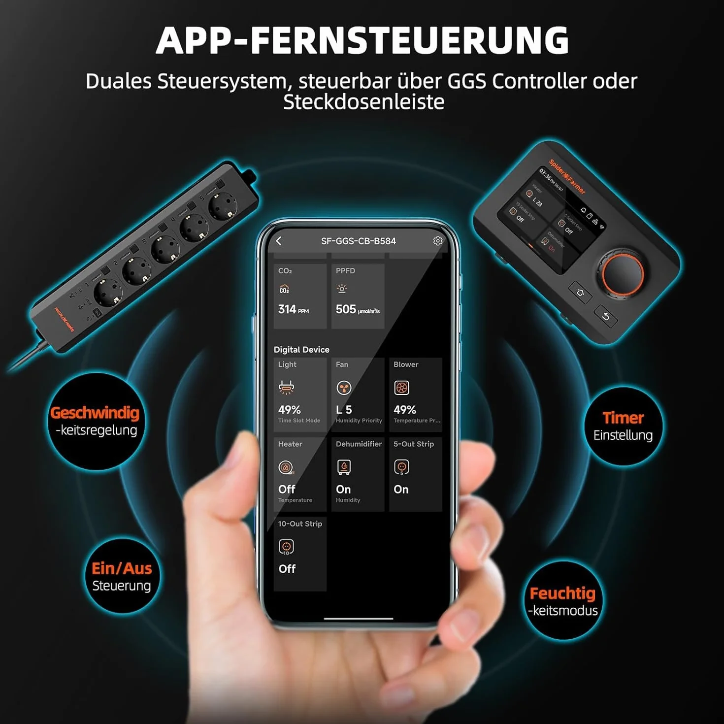 Spider Farmer Nuovo umidificatore da 450 ml/h per piante Tenda da coltivazione Camera da letto, GGS Smart Umidificatore a ultrasuoni con igrometro Nero Piccolo 5 L