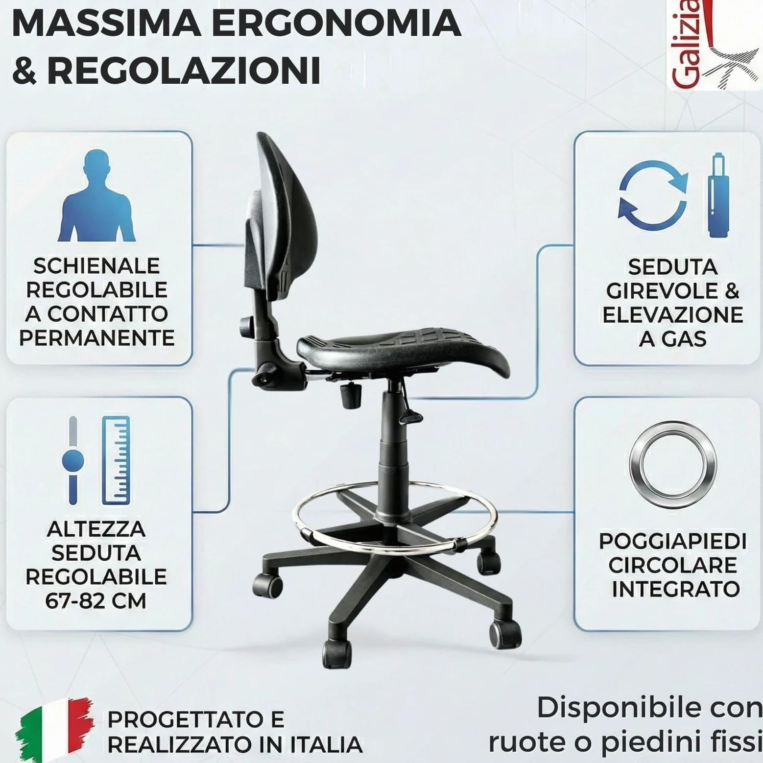 SGABELLO GIREVOLE, SEDILE E SCHIENALE IN POLIURETANO, ELEVAZIONE A GAS, BASE E POGGIAPIEDI IN PLASTICA, CON RUOTE, SCHIENALE REGOLABILE, CONTATTO PERMANENTE, PRODOTTO ITALIANO