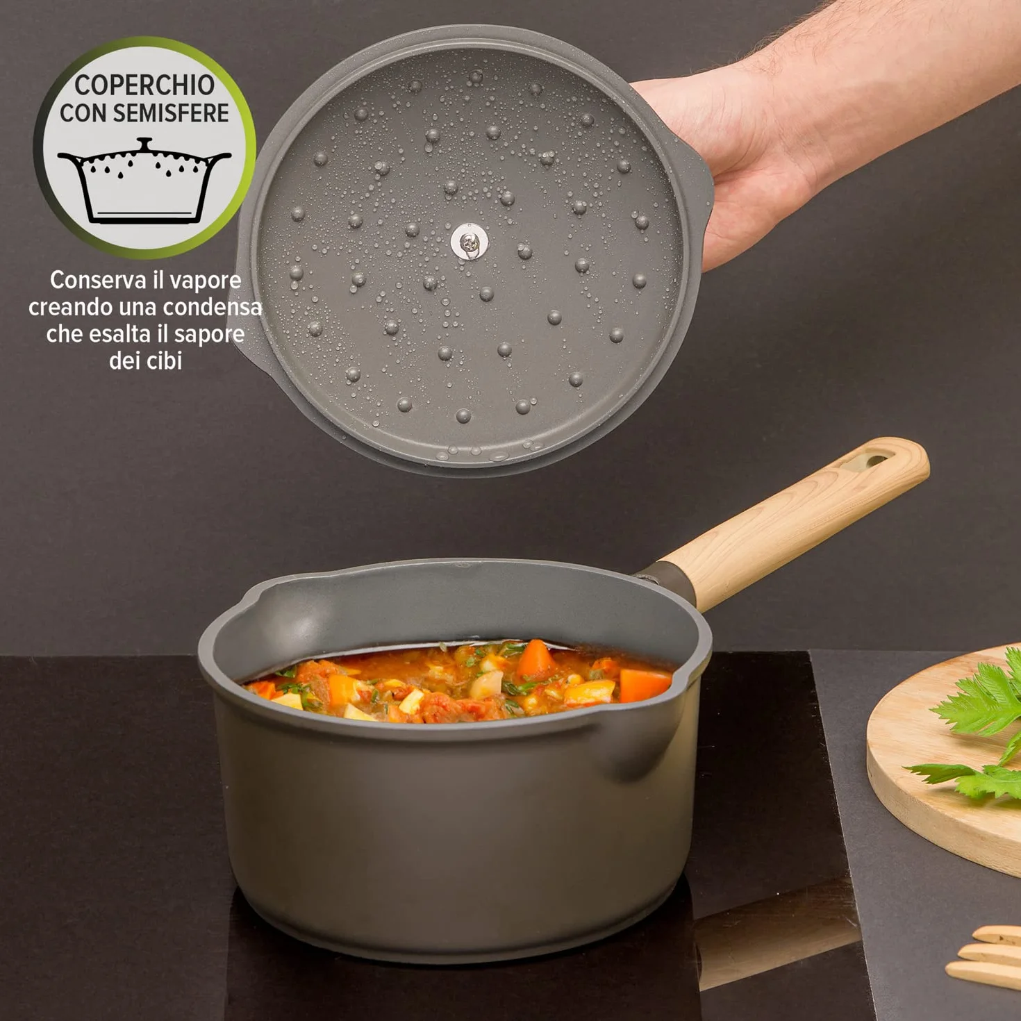 KASANOVA Casseruola Antiaderente vari colori Pot Art con Coperchio Innovativo, casseruola induzione, Ottimale per Stufati e Cotture Lente (Nero, 18 Cm)
