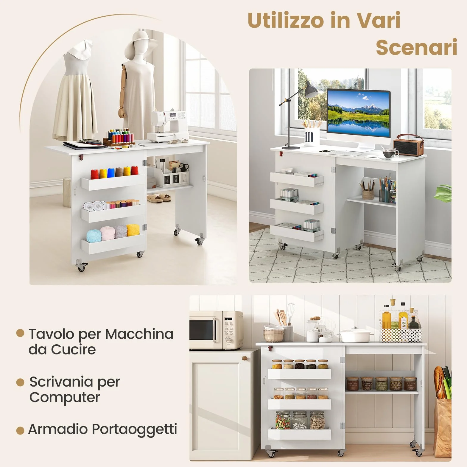 RELAX4LIFE Tavolo da Cucito Pieghevole con Ampio Piano del Tavolo, 3 Vani, Ripiano Portaoggetti,Mobiletto Salvaspazio con Ruote per Ago, Filo e Forbici (Bianco, Senza Prese)