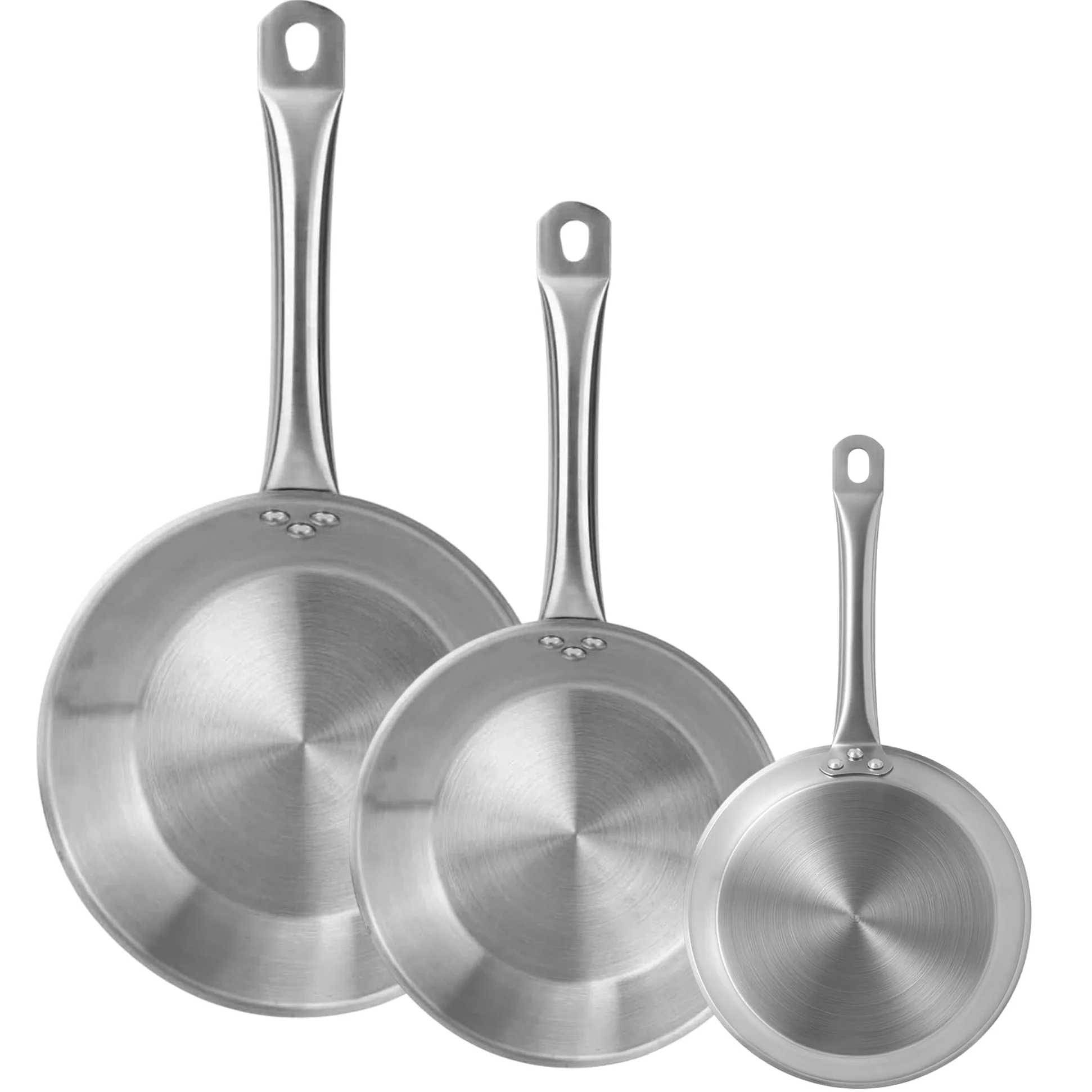 Set di 3 padelle Ø26Ø30Ø34 cm in acciaio inox, adatte per induzione e senza antiaderente