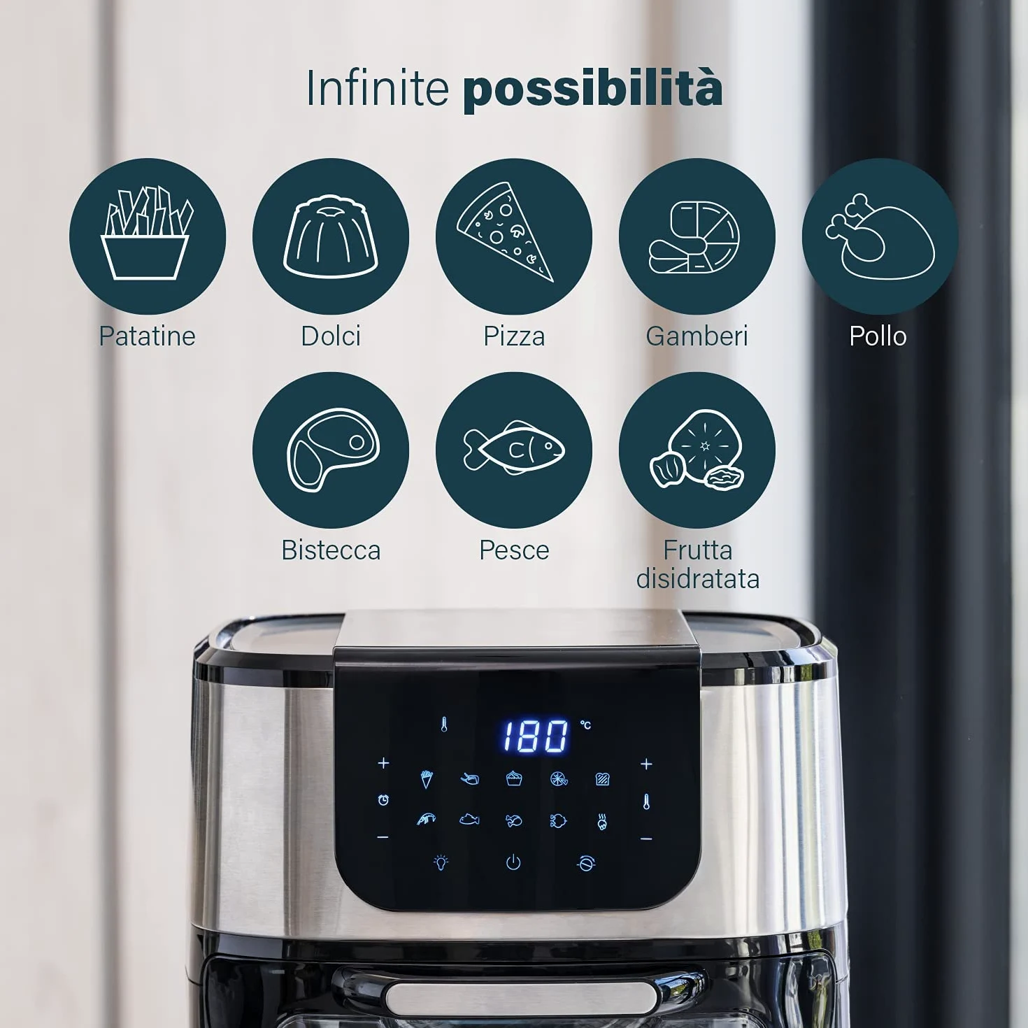Princess Friggitrice ad Aria Forno Deluxe – 11 L – 1800 W – Schermo tattile digitale – 10 programmi preimpostati – Girapollo e cestello inclusi – Acciaio inossidabile – 182075